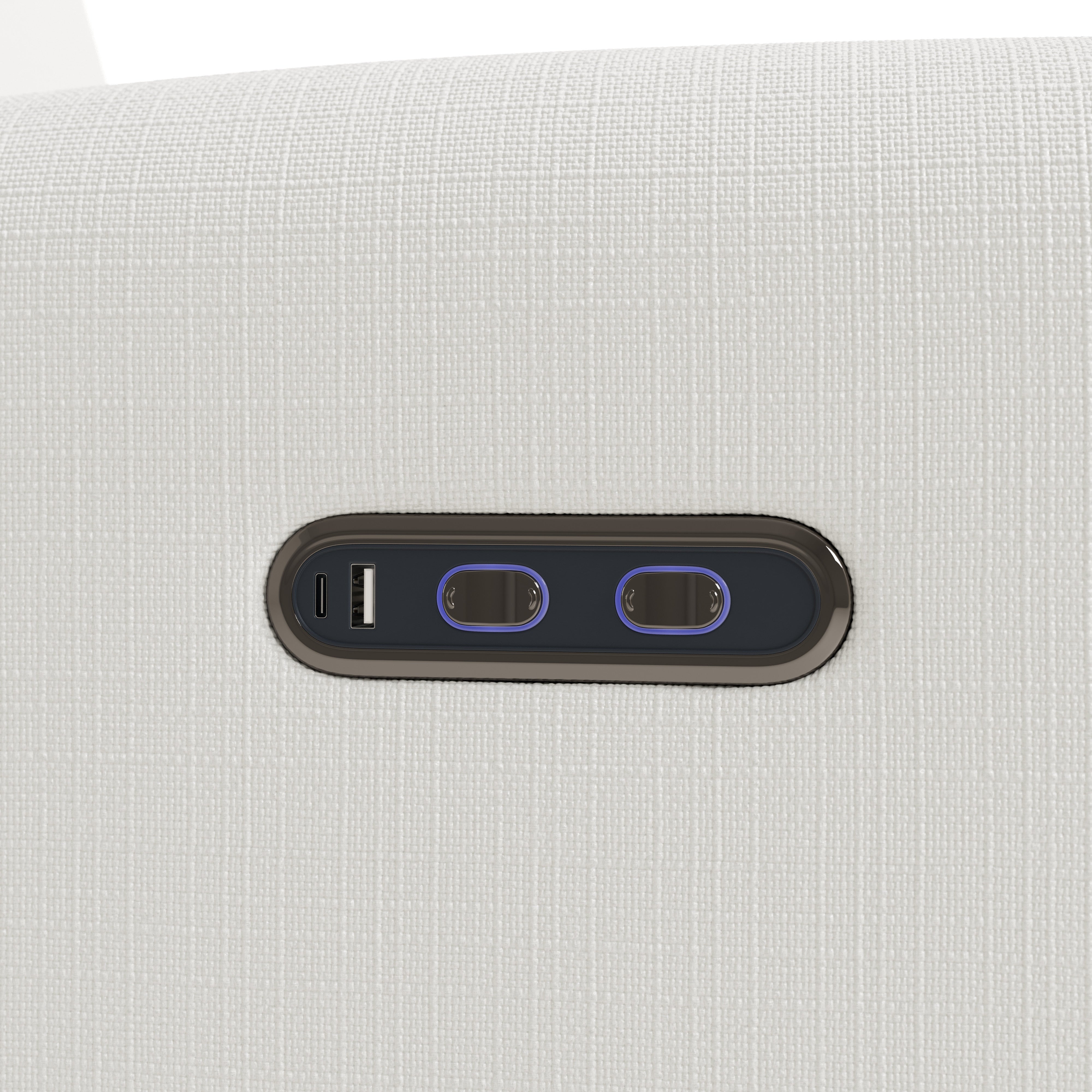 Bellwood ivory basketweave power recliner close up of USB ports and power recline buttons