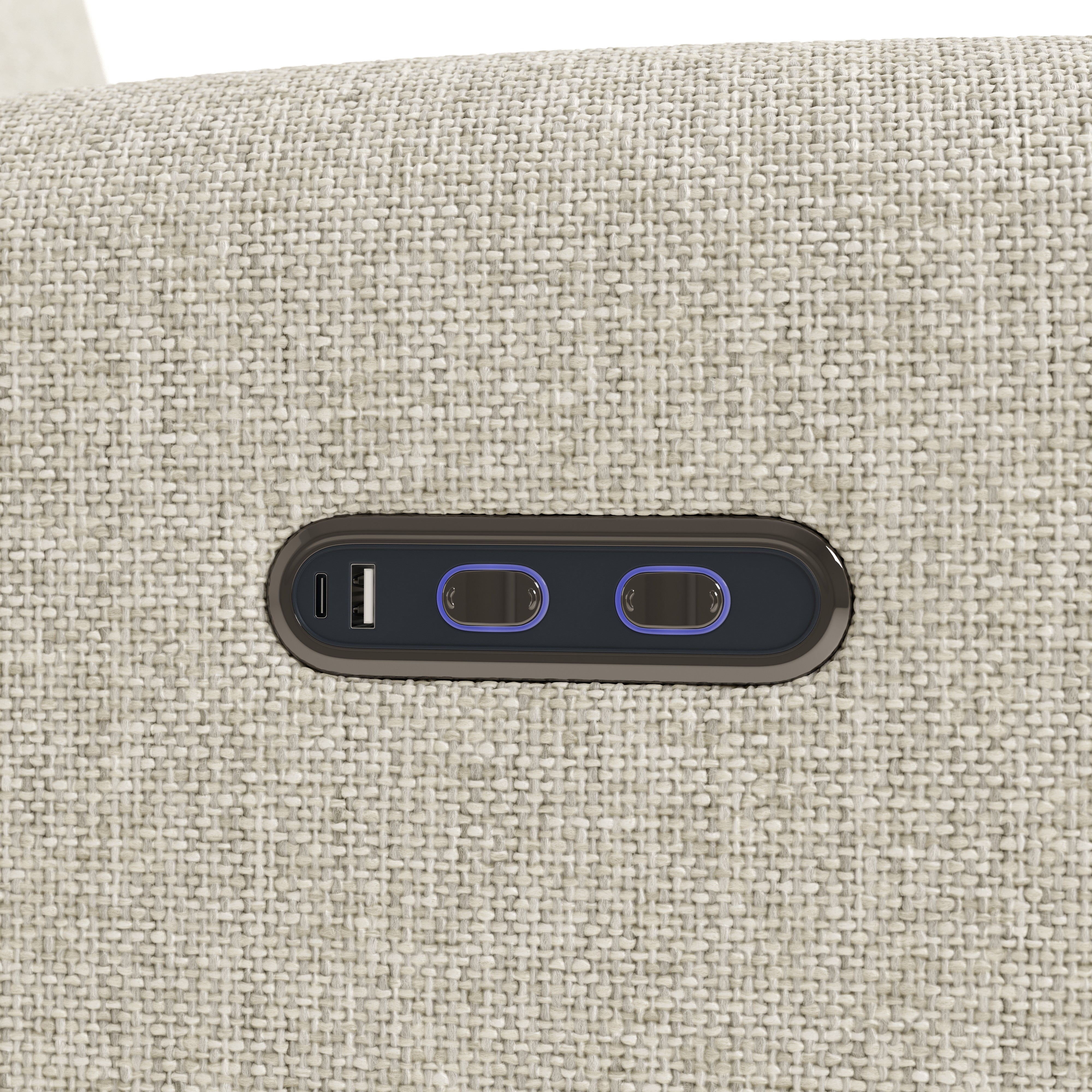 Bellwood power recliner dune basketweave close up of dual USB ports and push power buttons