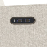 Close up of power buttons and dual USB ports on Olivia Power Recliner in Dune Basketweave