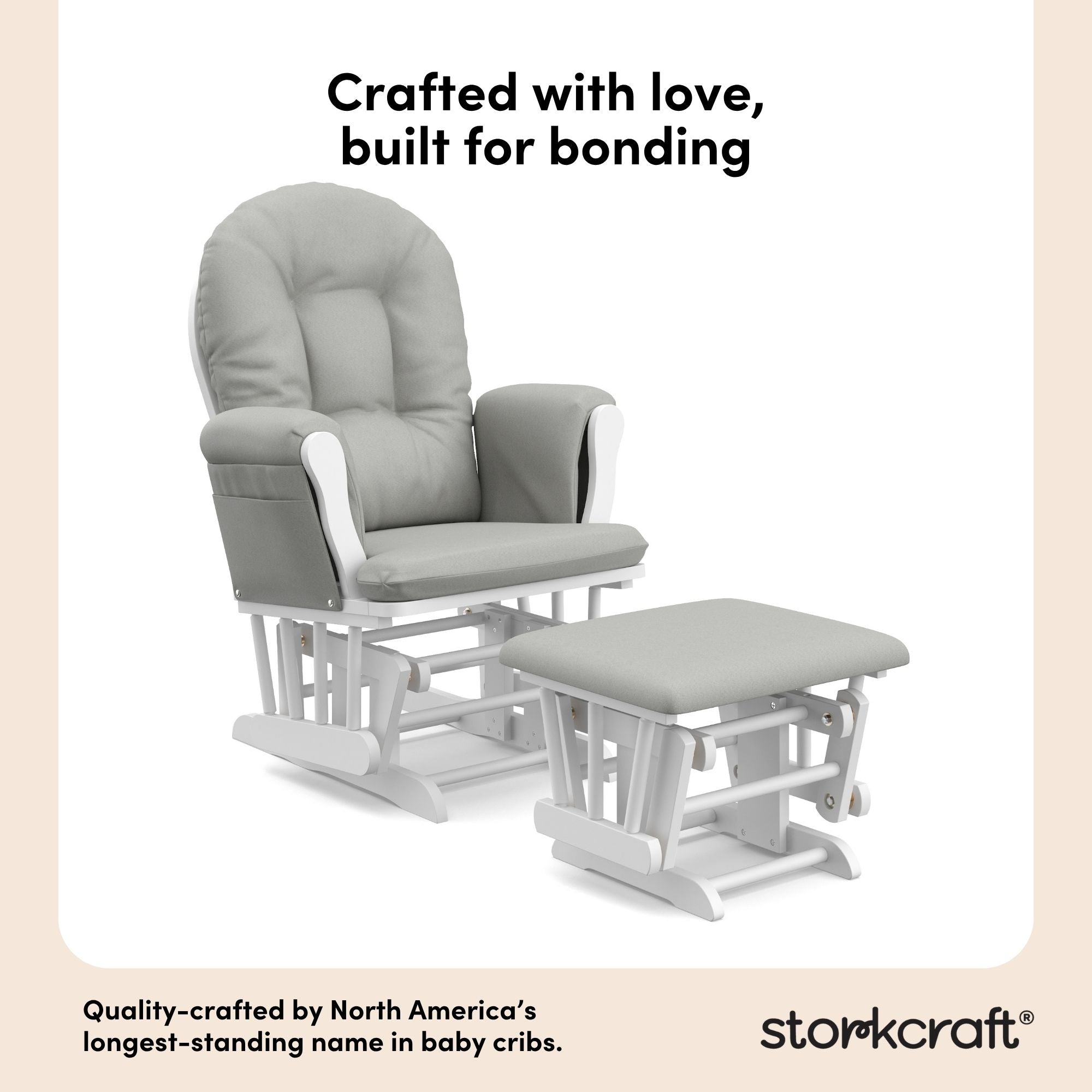storkcraft hoop glider and ottoman white frame with light gray cushions quality crafted callout