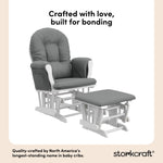 hoop glider white base with gray cushions and ottoman angle view quality craftsmanship callout