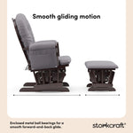 storkcraft hoop glider and ottoman espresso with gray swirl smooth gliding motion callout