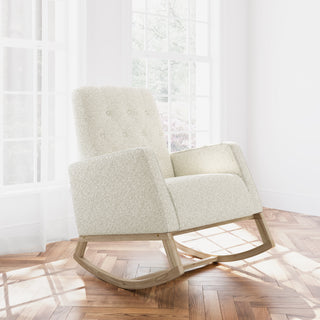 Natural with ivory boucle fabric rocker in nursery