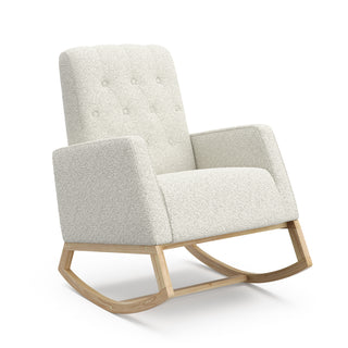 Angled view of natural wood base rocker chair with ivory boucle fabric