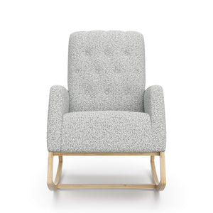 Front view of natural wood base rocker chair with salt & pepper boucle fabric