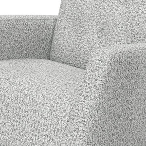 Close up view of rocker chair with salt & pepper boucle fabric