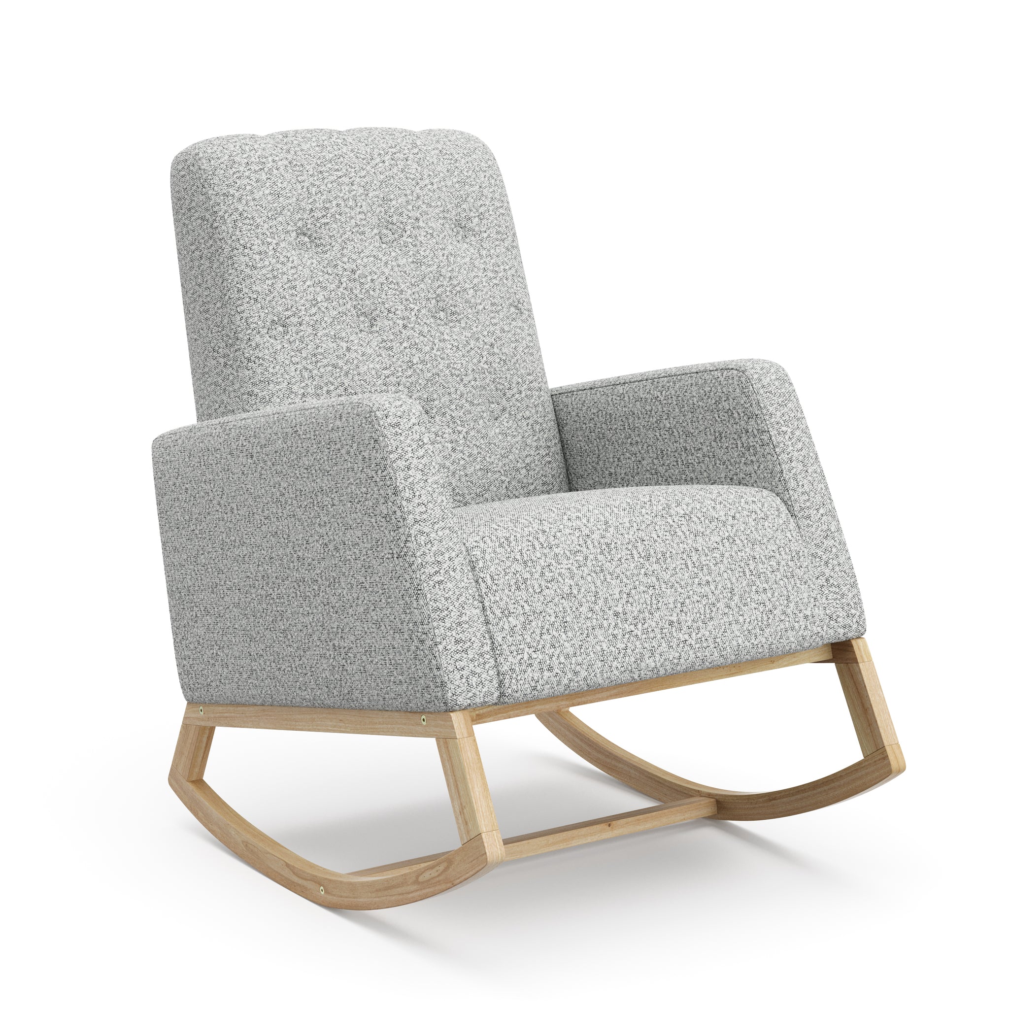 Angled view of natural wood base rocker chair with salt & pepper boucle fabric