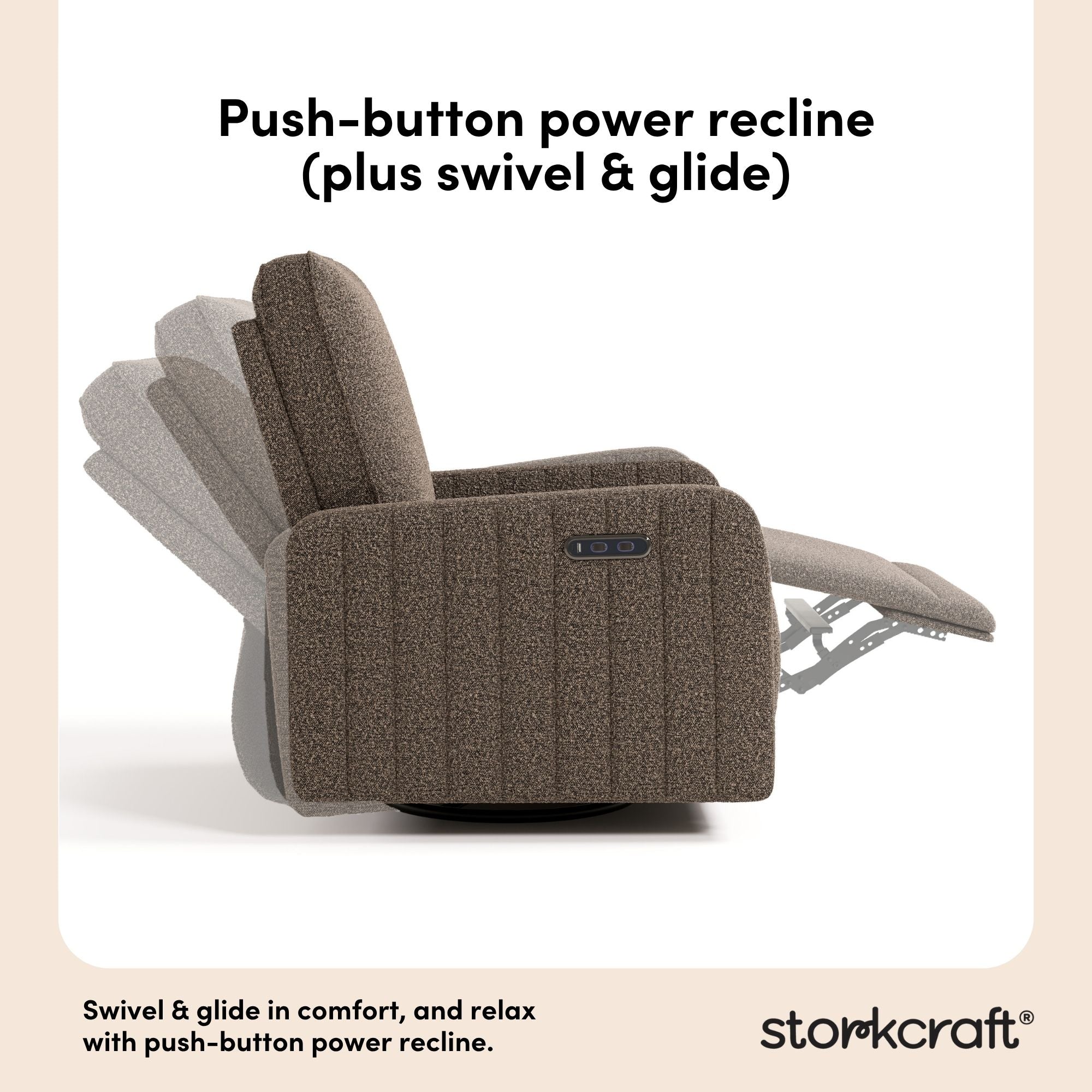 Kyoto mountain brown boucle power recliner recline, swivel, and glide callout