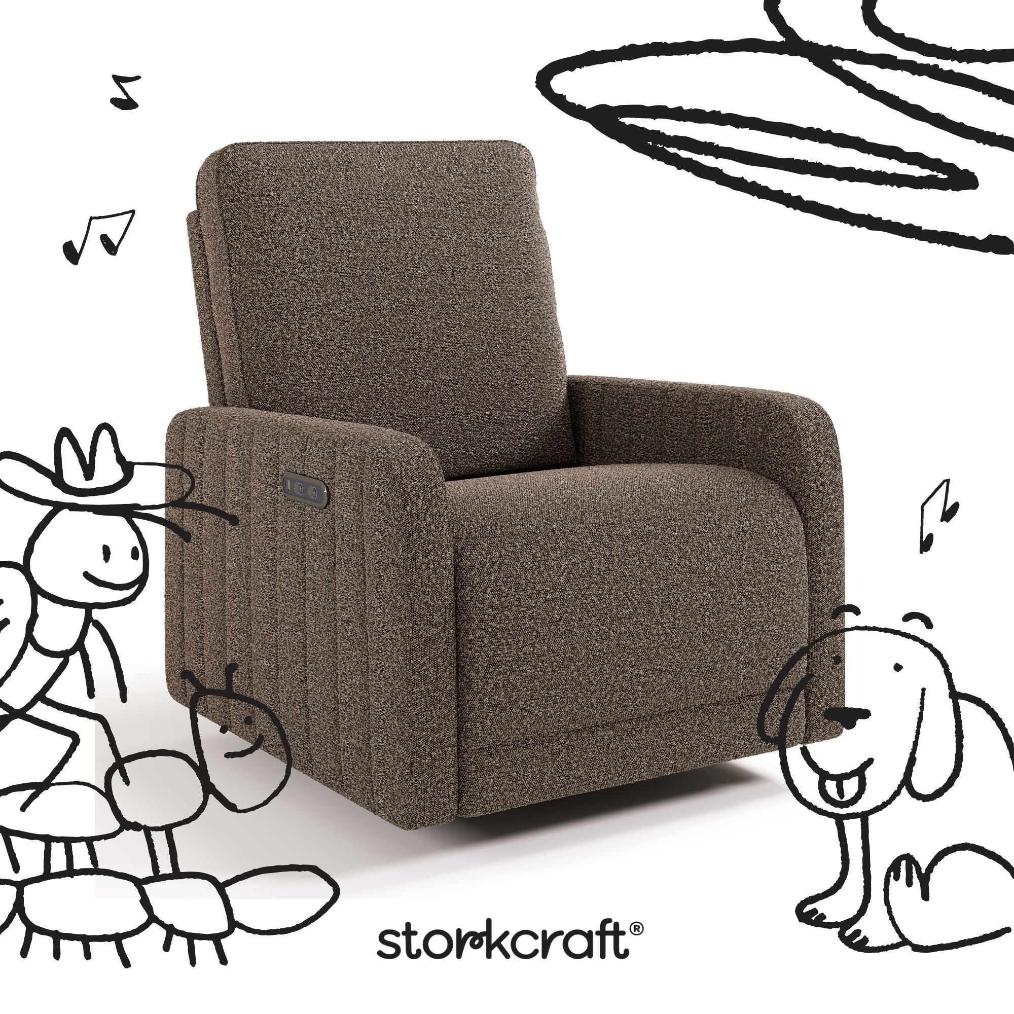 Kyoto mountain brown boucle power recliner with black drawings overlaid on image