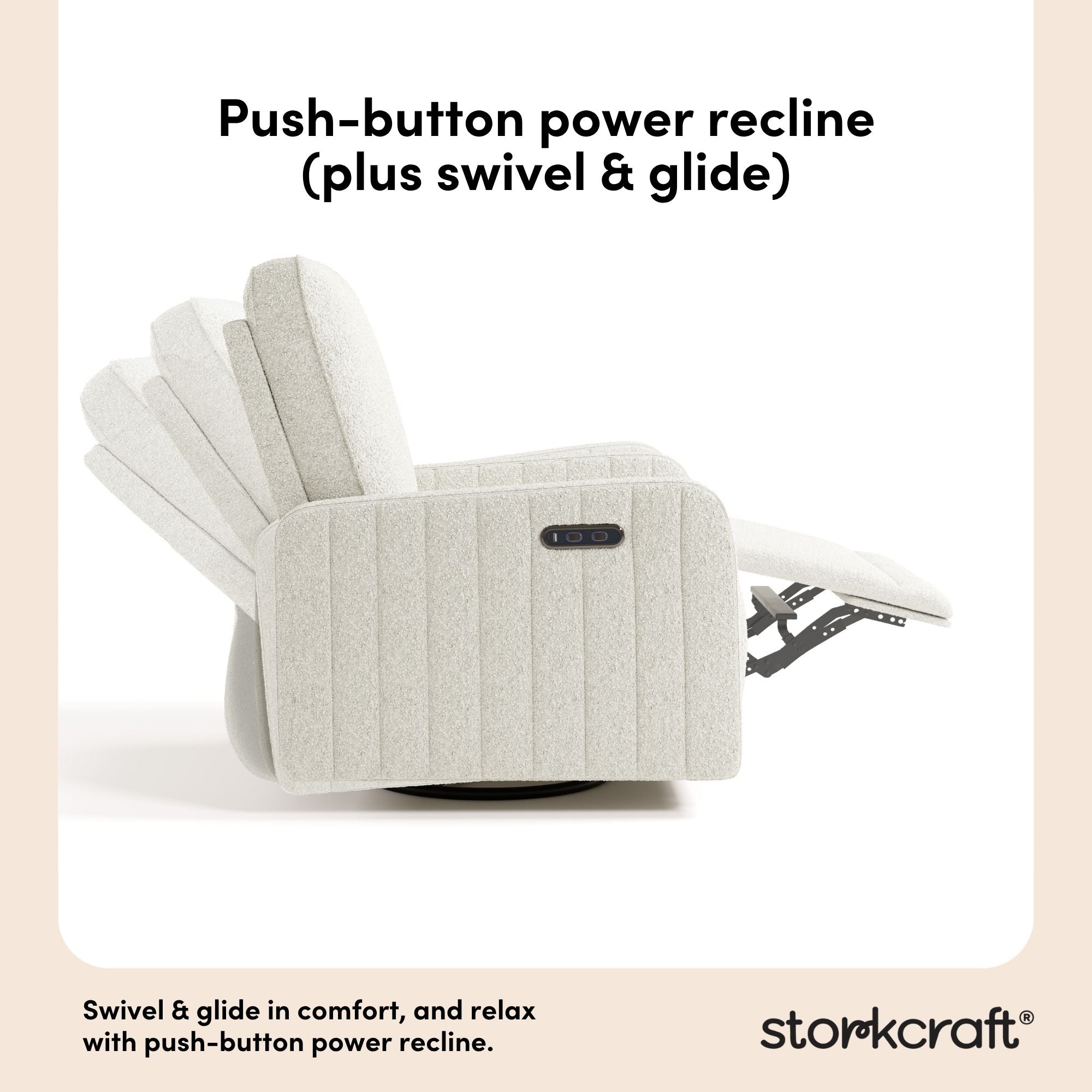Kyoto ivory boucle power recliner recline, swivel, and glide callout