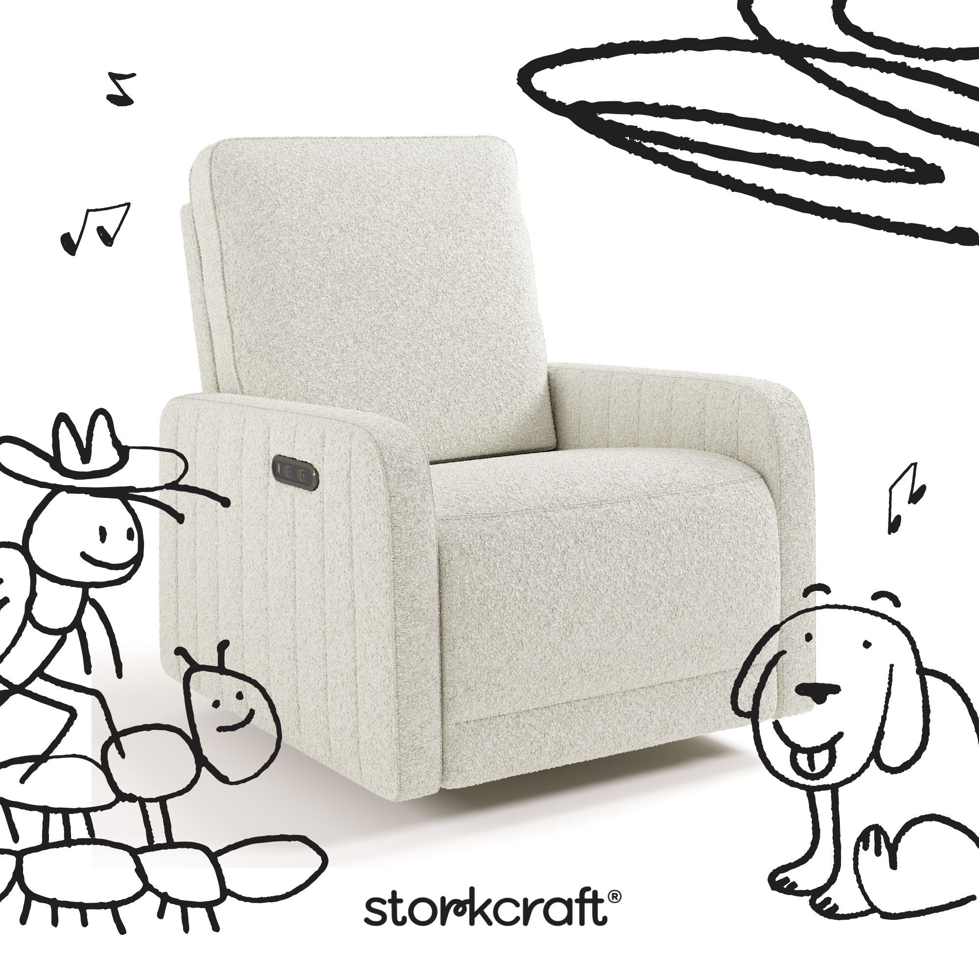 Kyoto ivory boucle power recliner with black drawings overlaid on image
