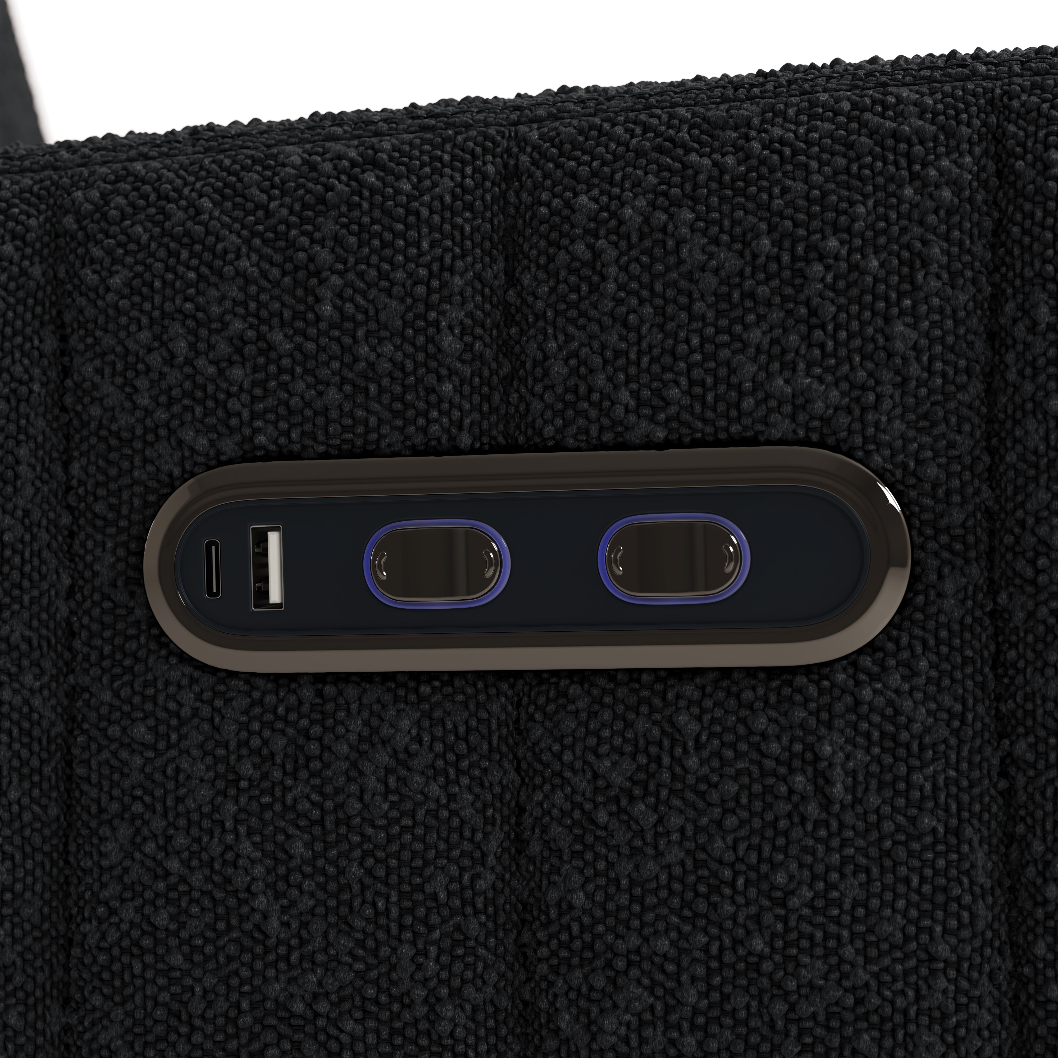 Kyoto black boucle power recliner closeup of dual usb ports