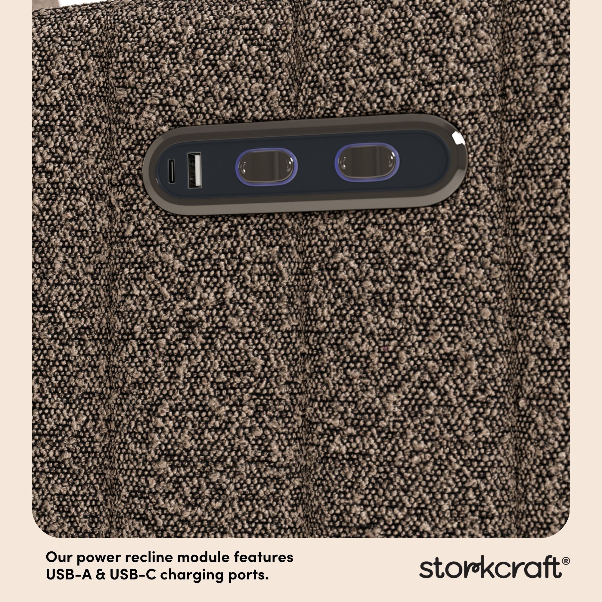 Kyoto mountain brown boucle power recliner dual USB ports callout
