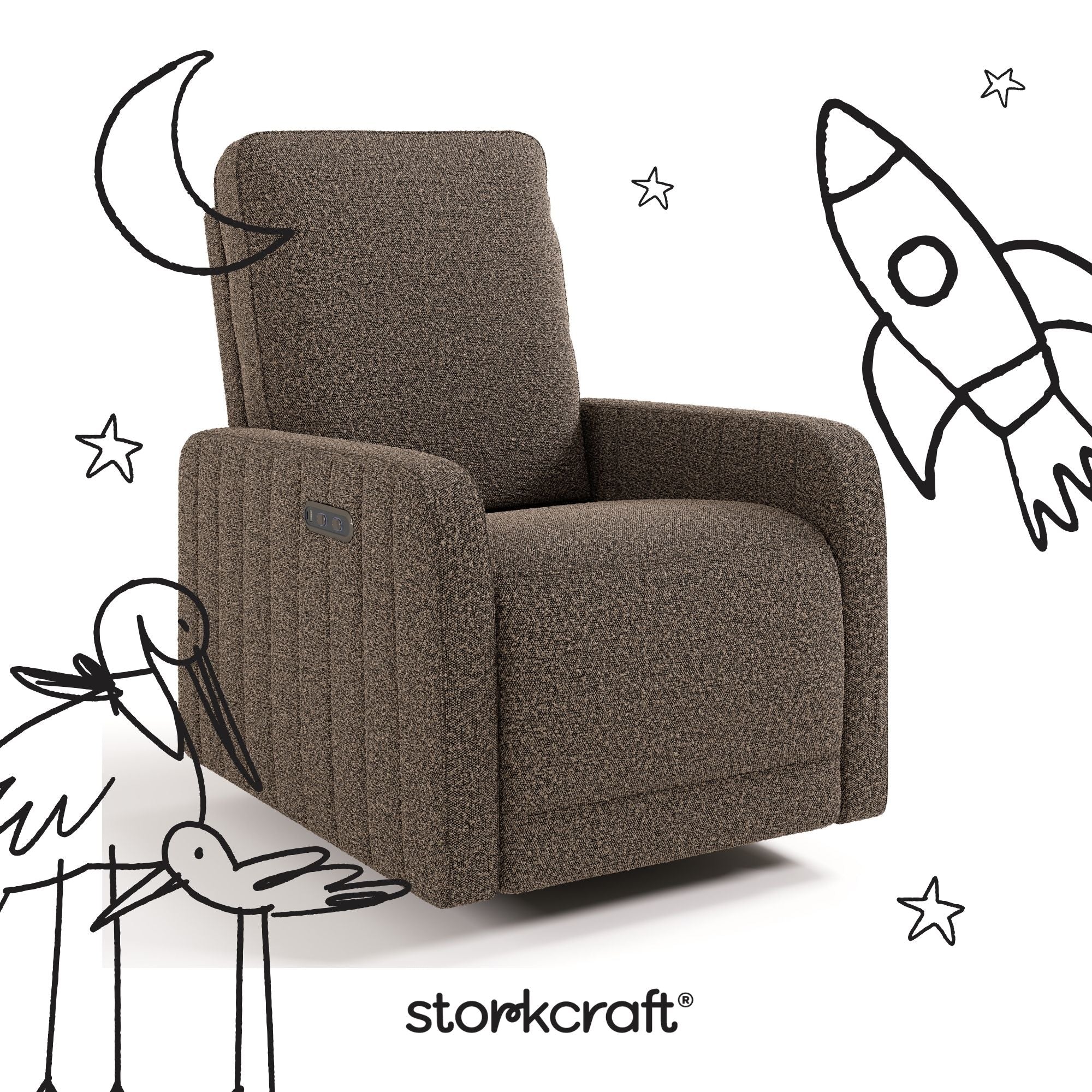 Kyoto mountain brown boucle power recliner with black doodles overlaid on image