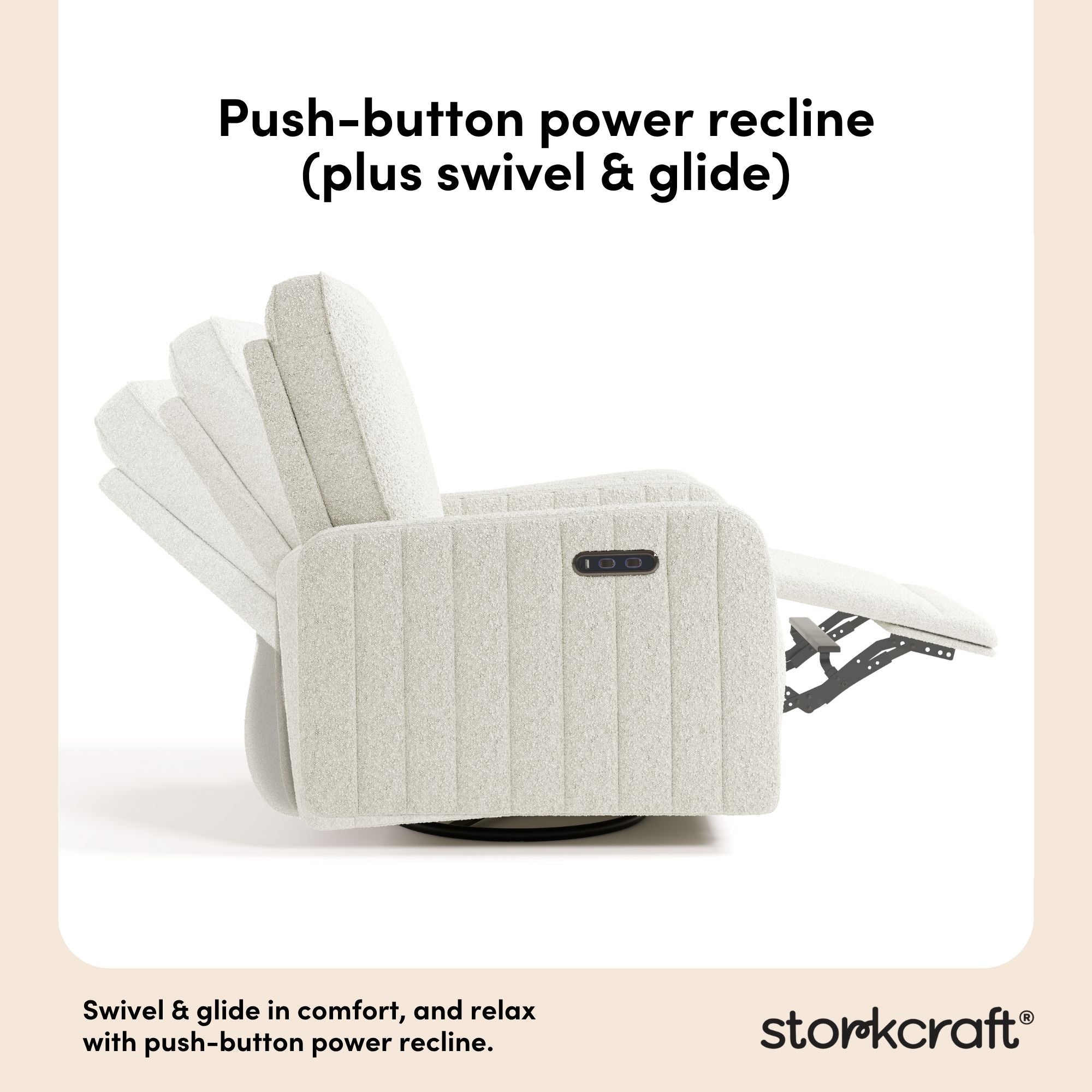 Kyoto ivory boucle power recliner push-button power recline callout