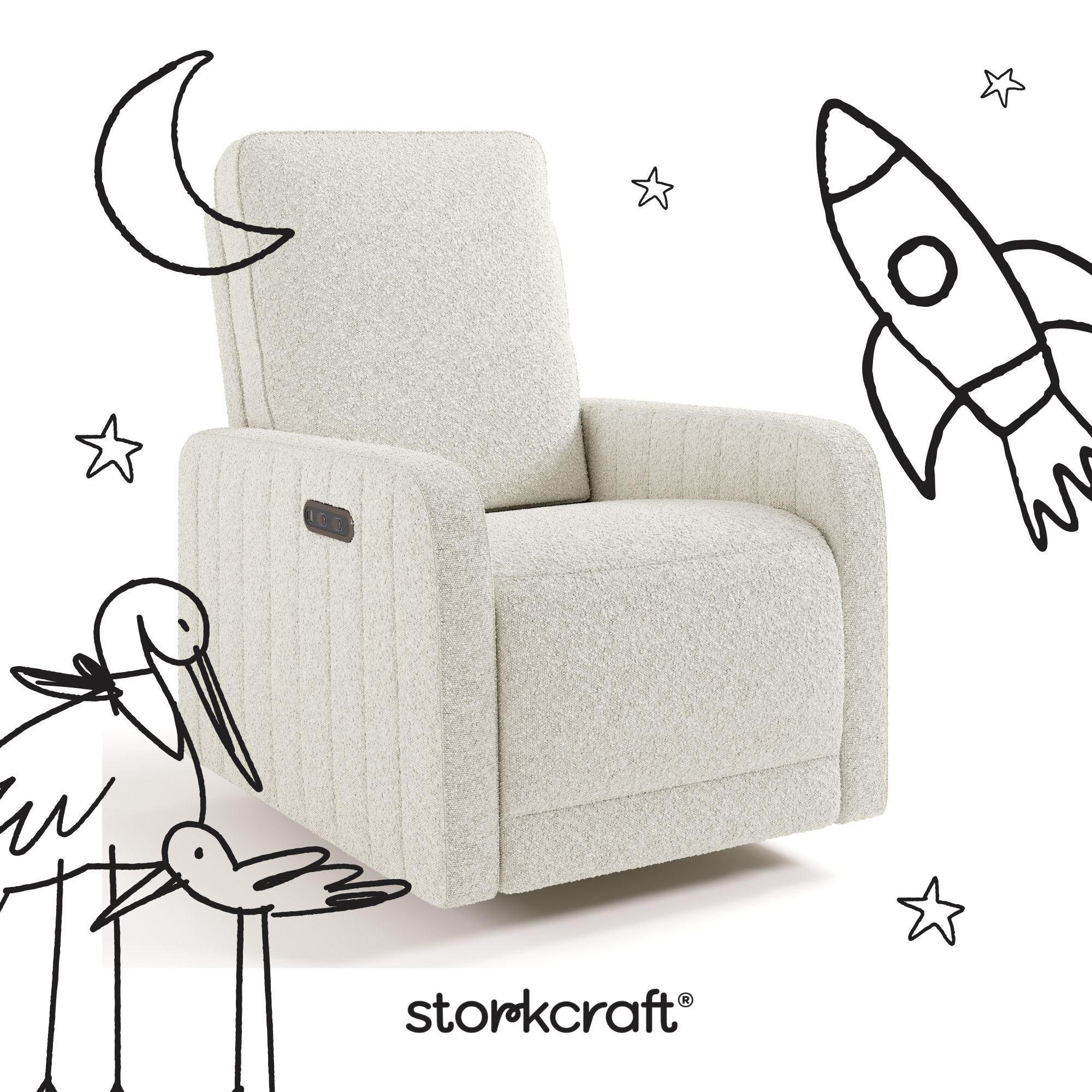 Kyoto ivory boucle power recliner with black doodles overlaid on image