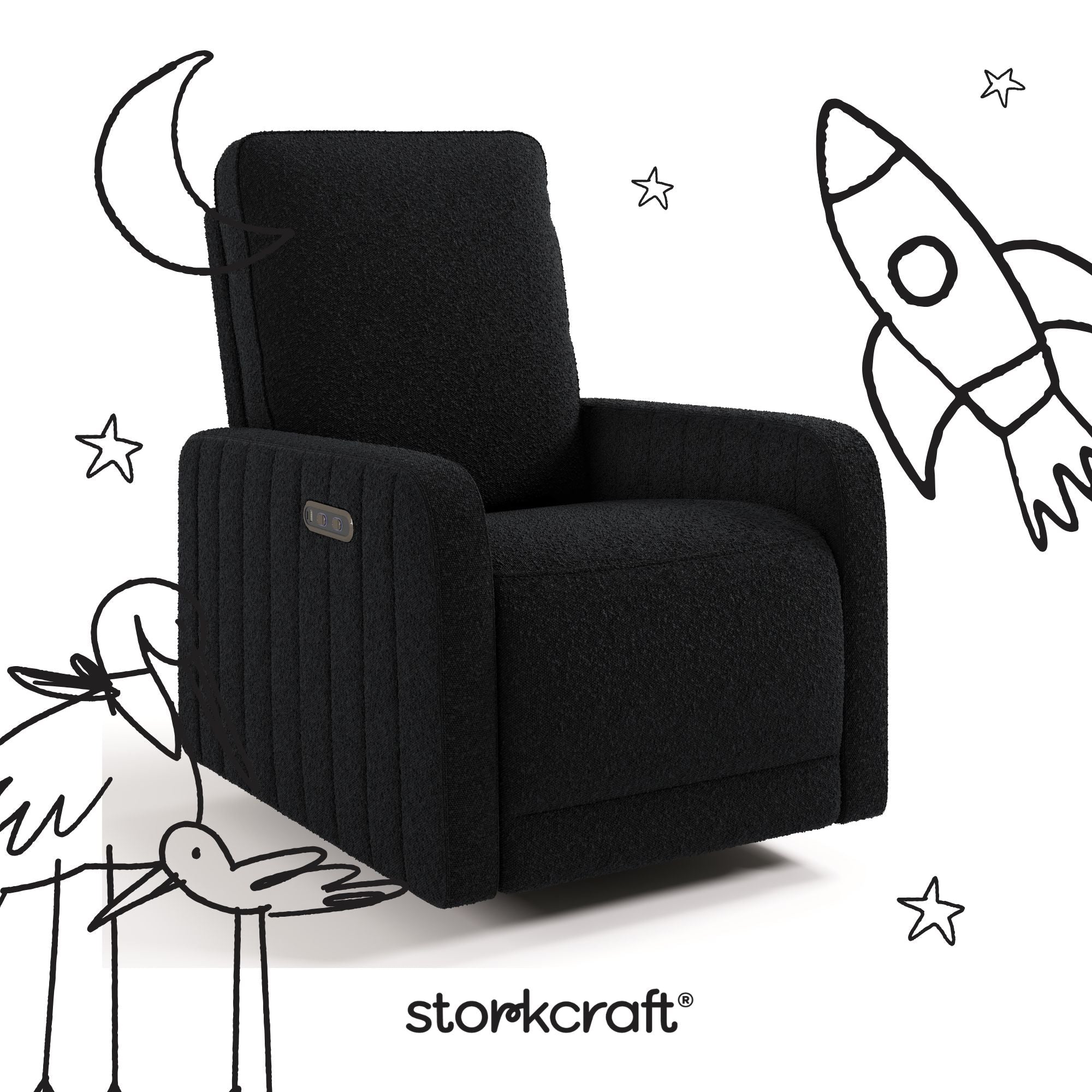 Kyoto black boucle power recliner with black doodles overlaid on image