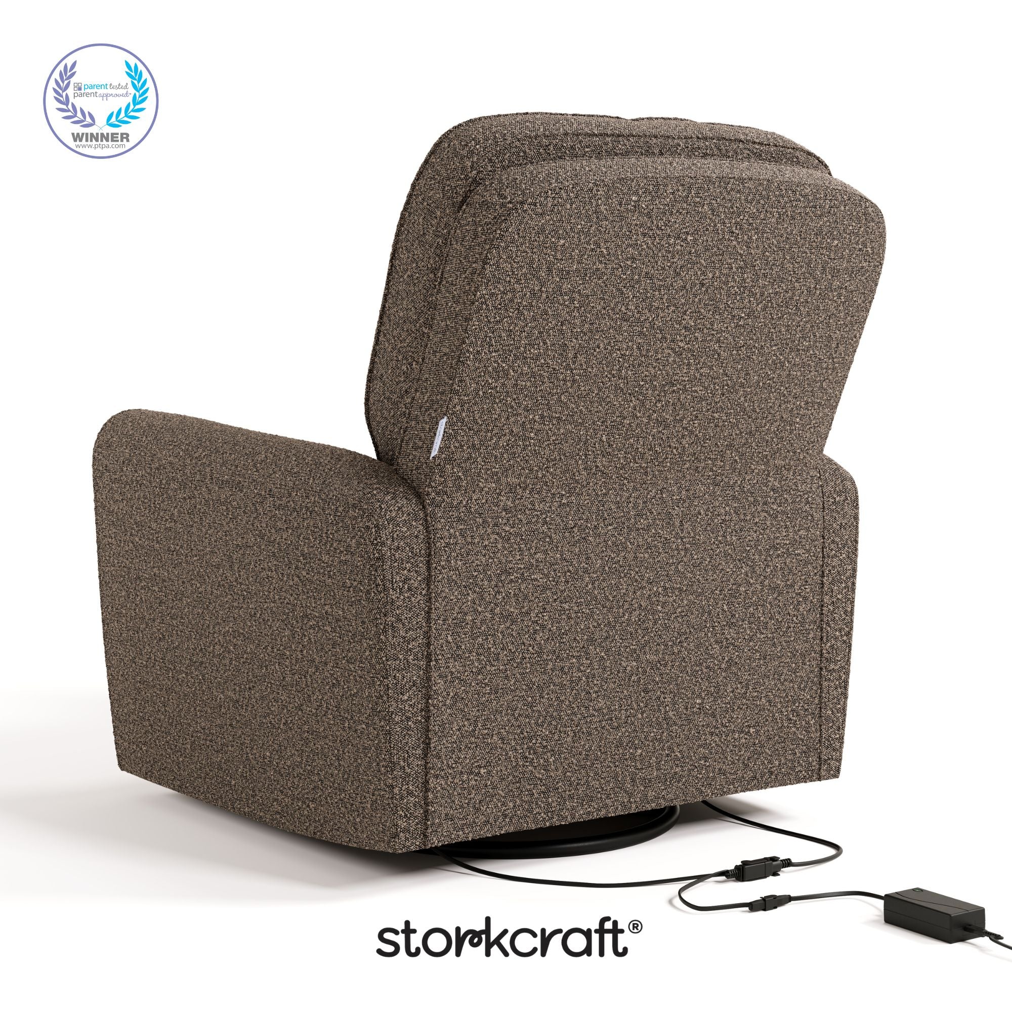 Amalfi mountain brown boucle recliner with PTPA logo on top left