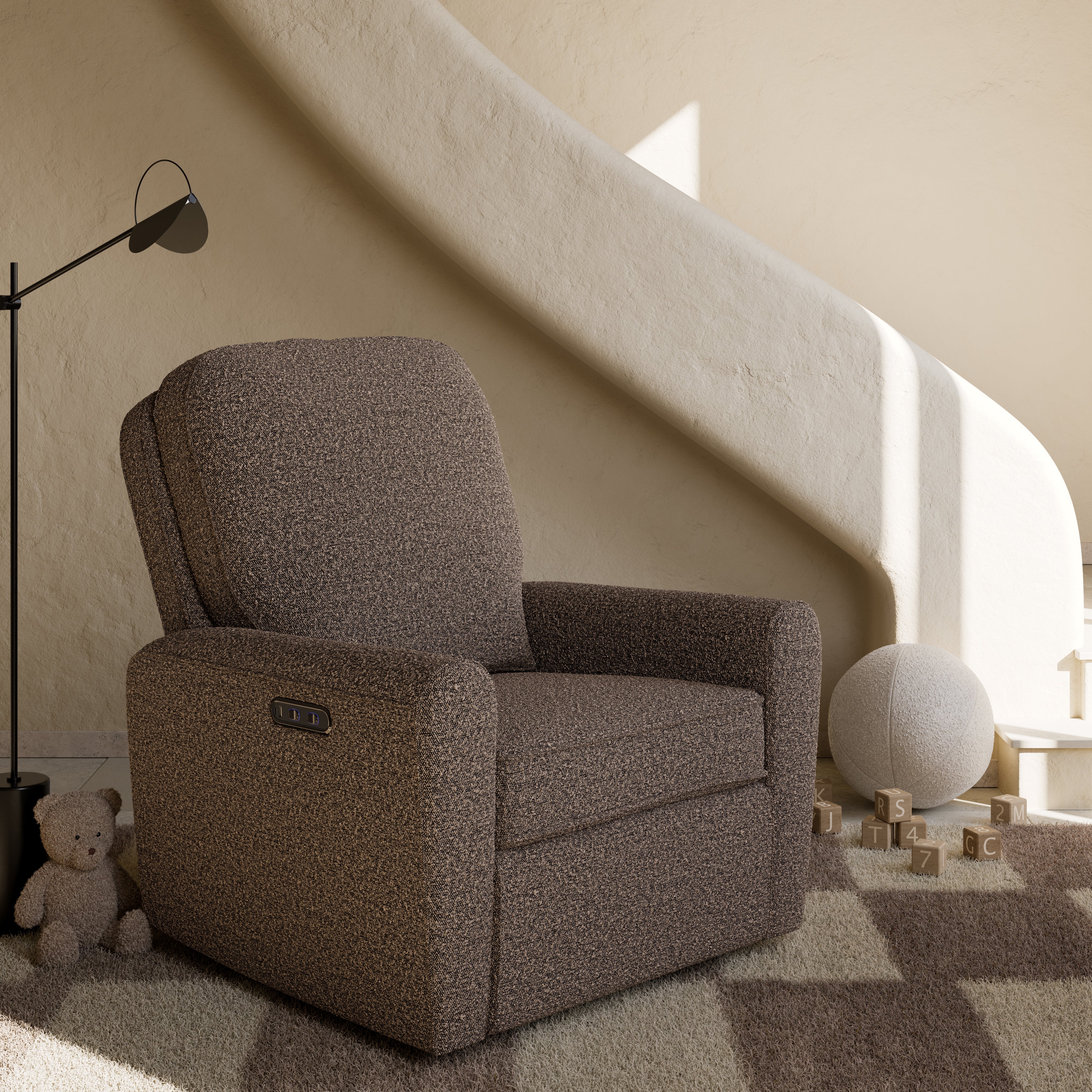 amalfi mountain brown boucle power recliner in nursery
