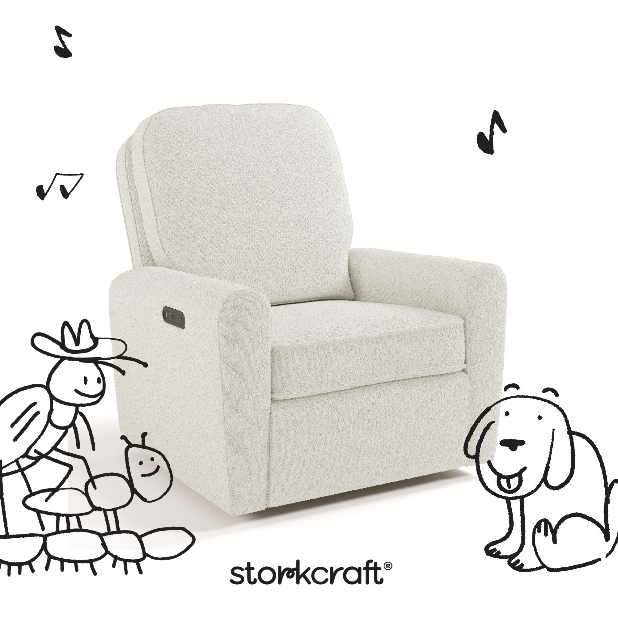 Amalfi ivory boucle recliner with black doodles overlaid on image
