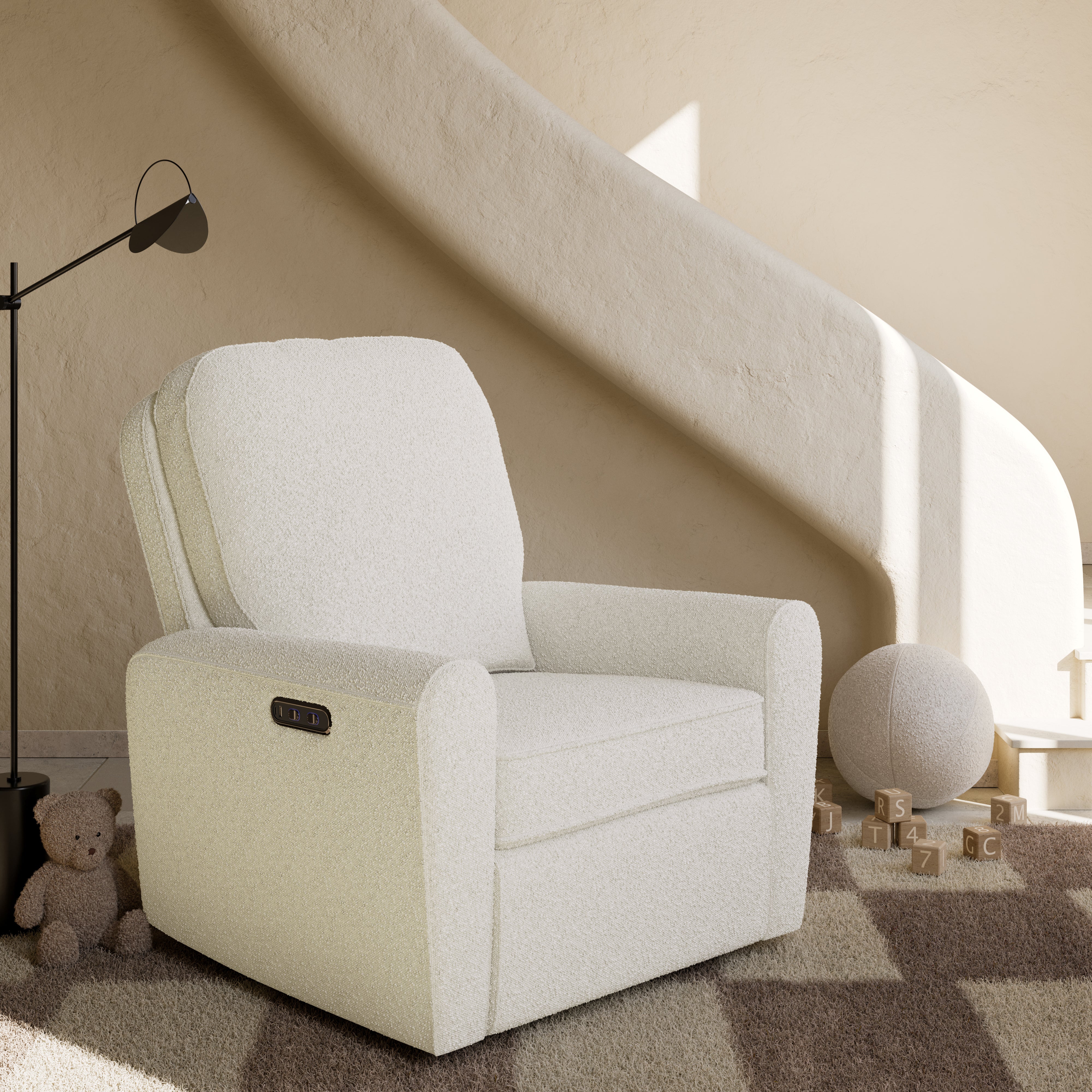 amalfi ivory boucle power recliner in nursery