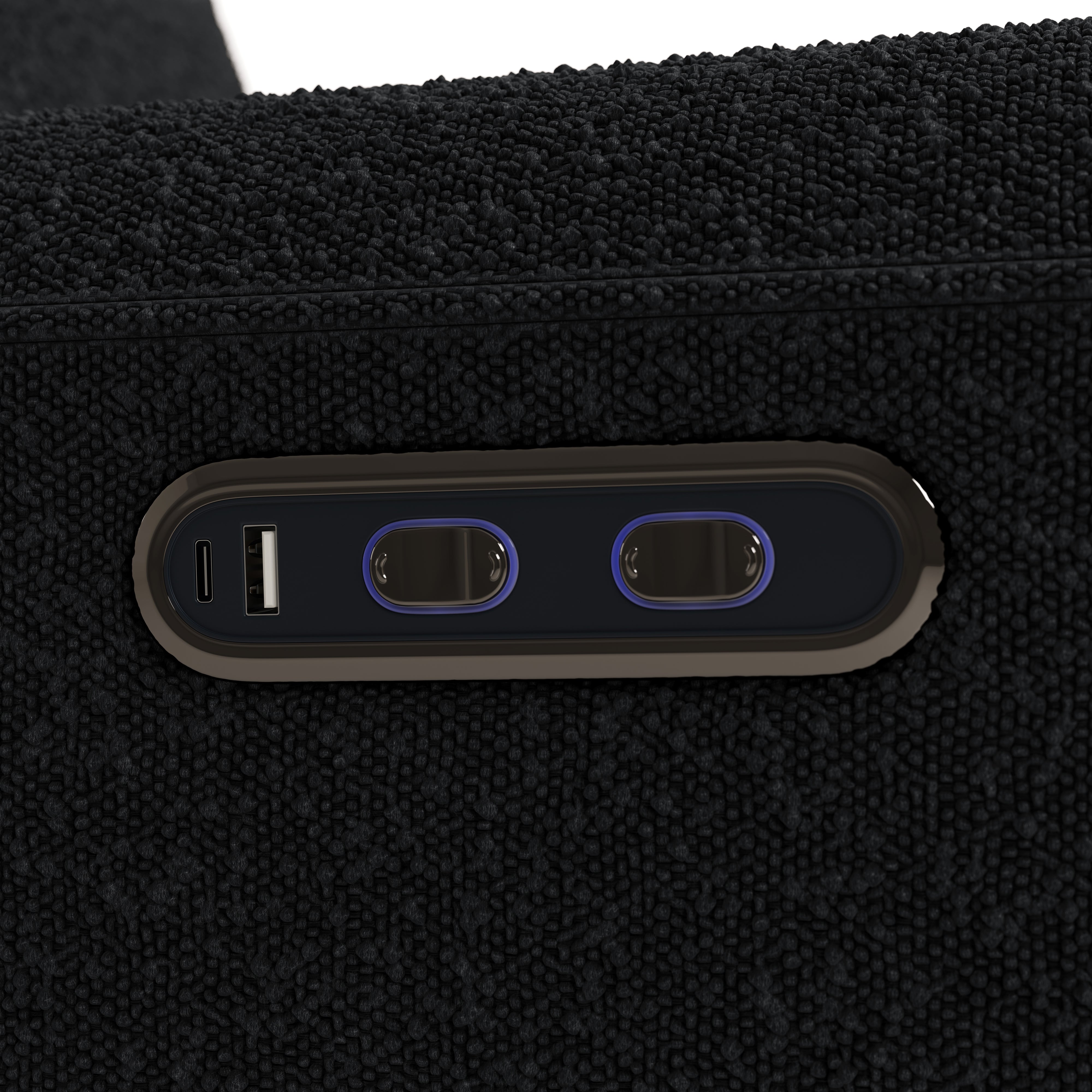 amalfi black boucle power recliner dual USB ports and power recline buttons closeup