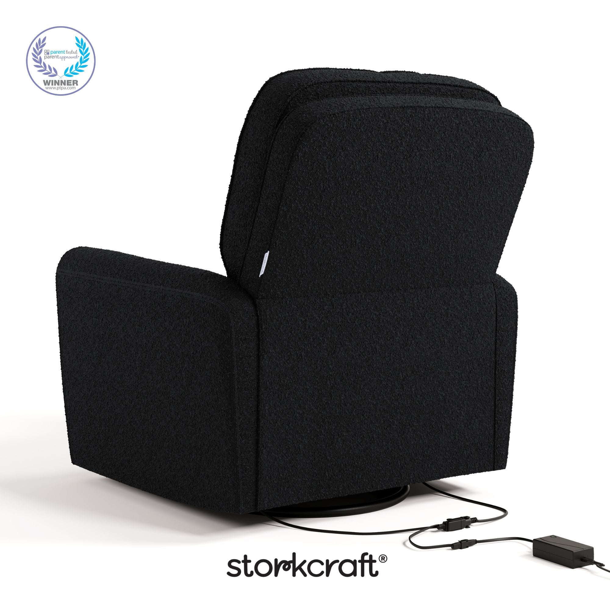 Amalfi black boucle recliner with PTPA logo on top left