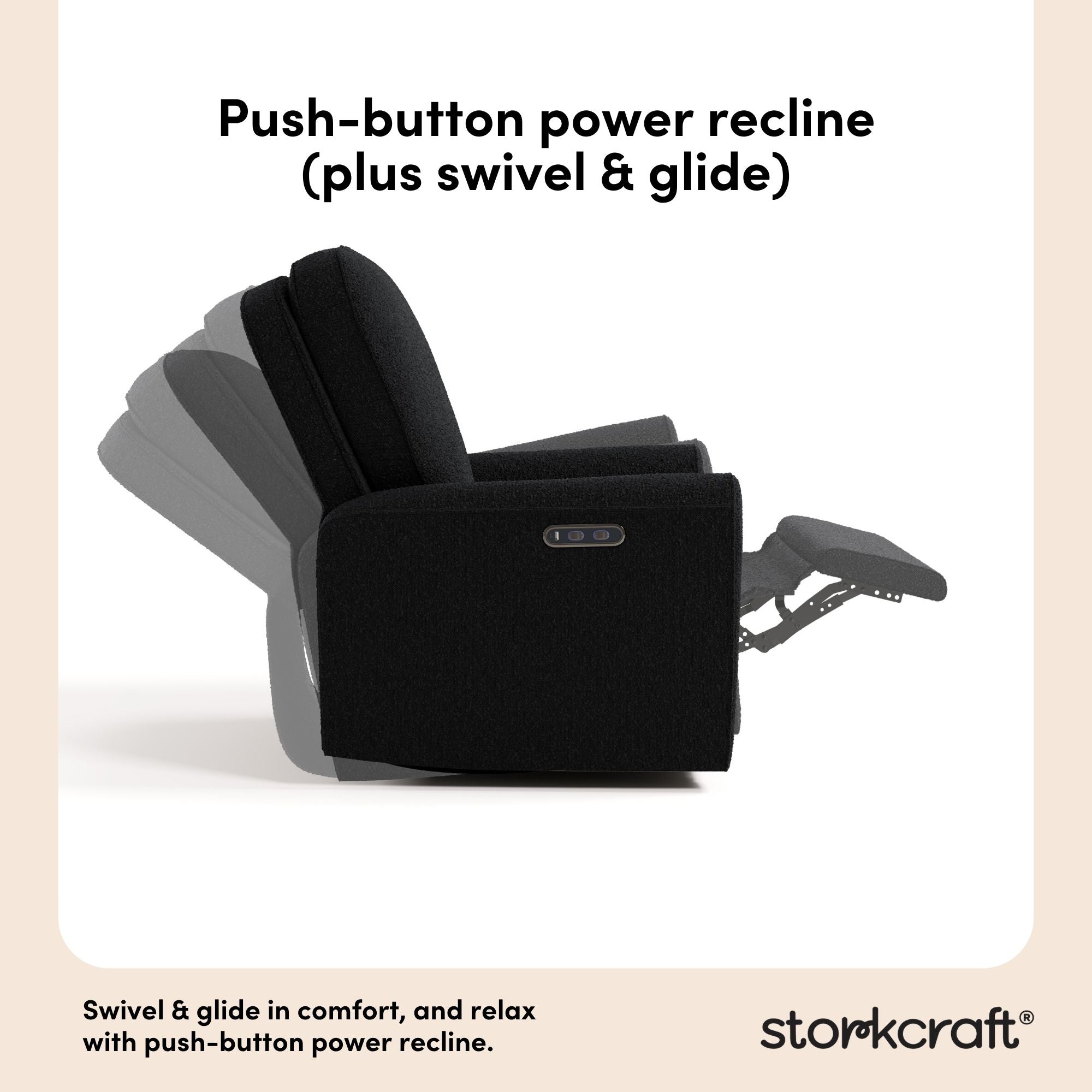 Amalfi black boucle recliner push-button power recline callout