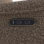 storkcraft santos mountain brown boucle power recliner closeup of recline push buttons and dual USB ports