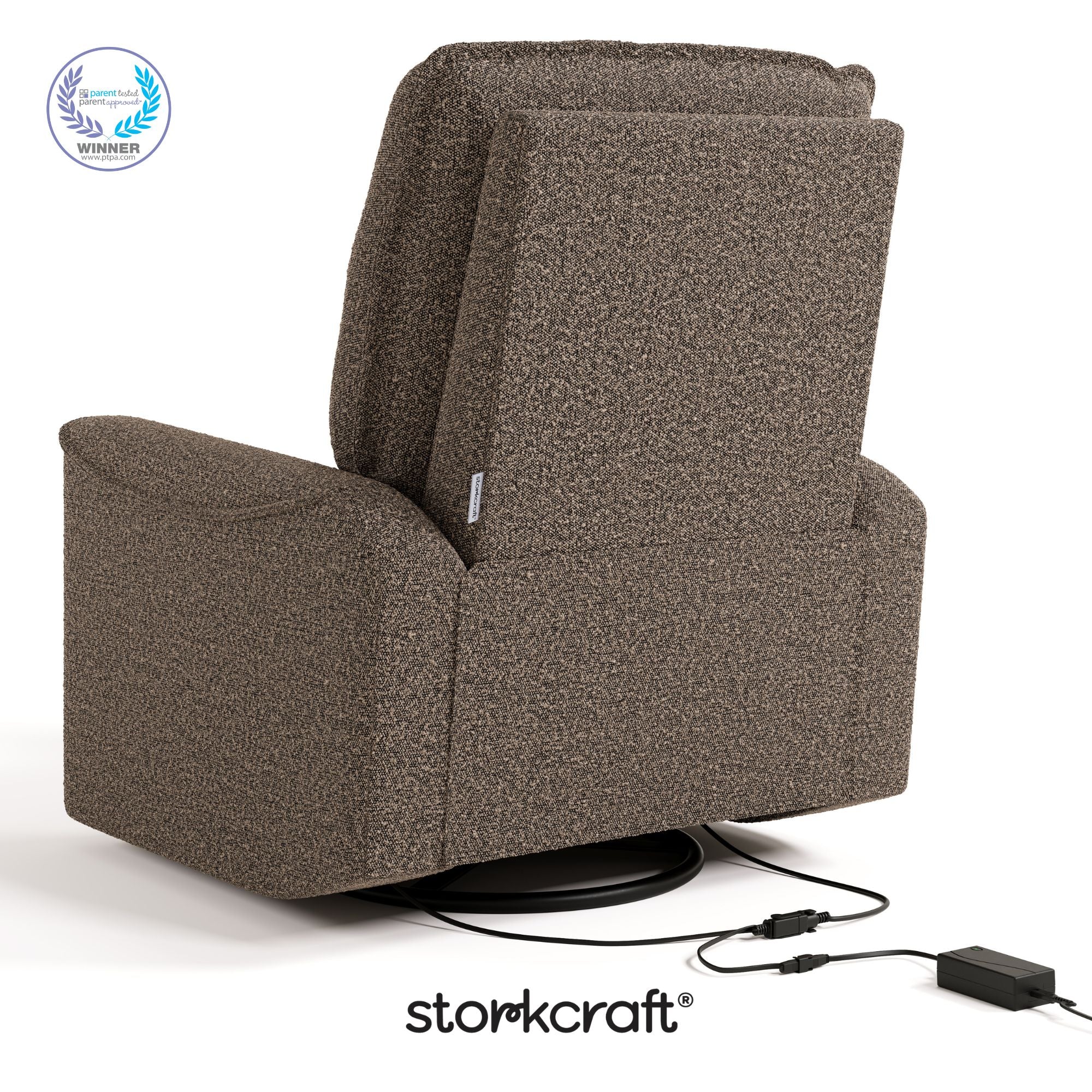 Santos mountain brown boucle power recliner with PTPA logo on top left
