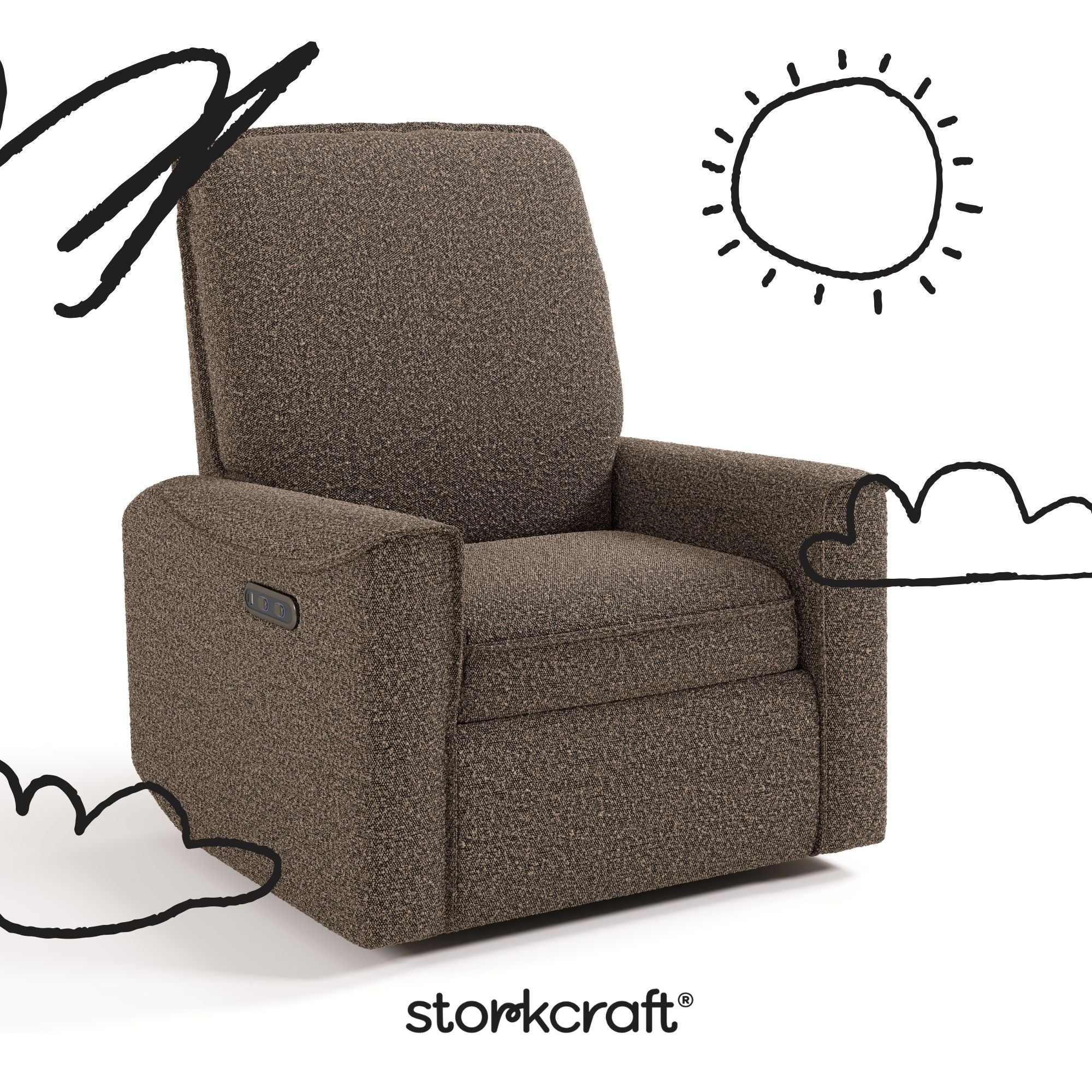 Santos mountain brown boucle power recliner with black doodles overlaid on image