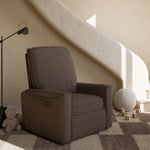 storkcraft santos mountain brown boucle power recliner in nursery
