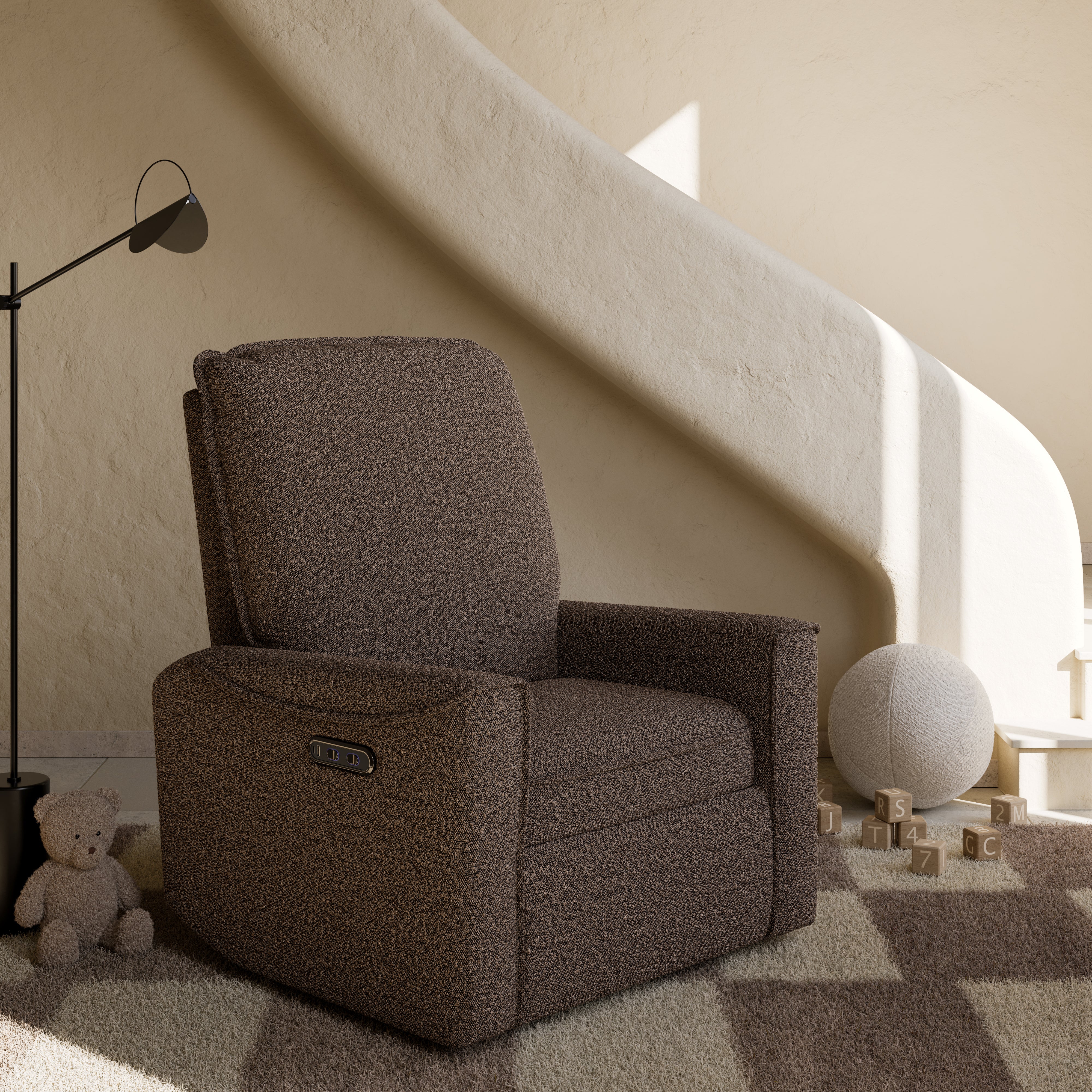 storkcraft santos mountain brown boucle power recliner in nursery