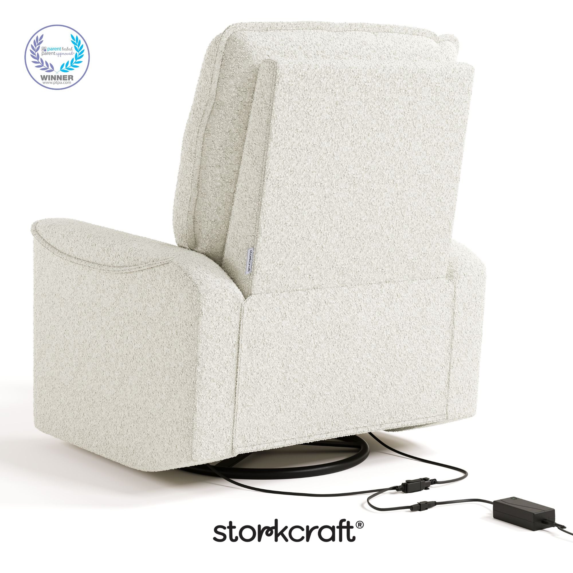 Santos ivory boucle power recliner with PTPA logo on top left