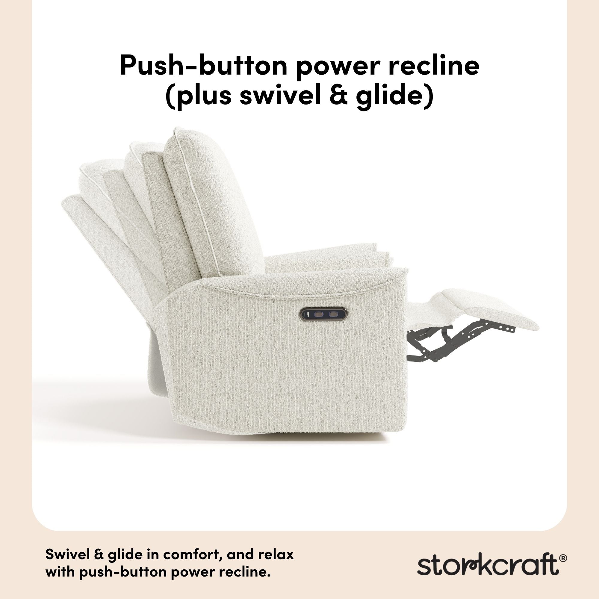 Santos ivory boucle power recliner push-button power recline callout
