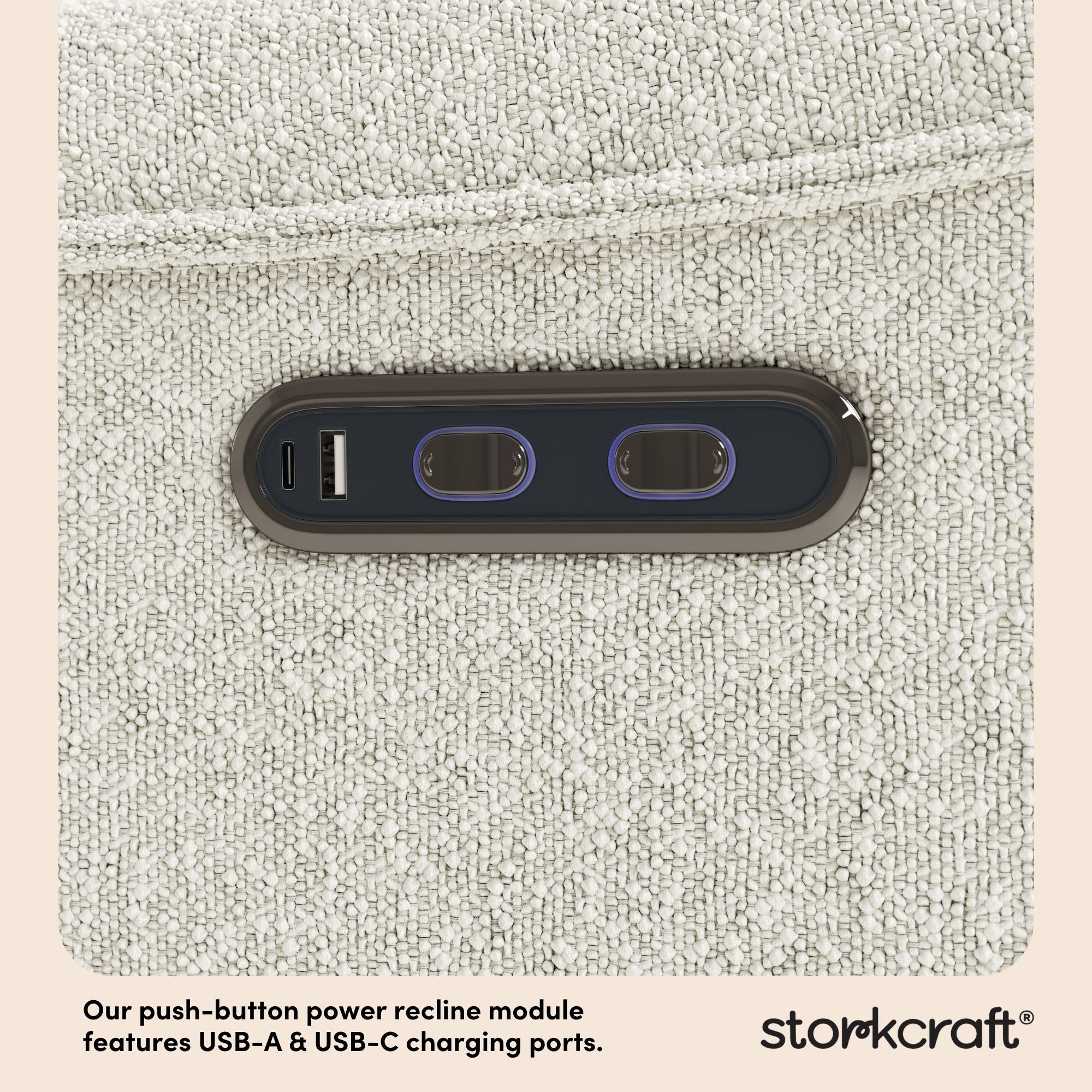 Santos ivory boucle power recliner dual USB ports callout