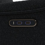 storkcraft santos black boucle power recliner closeup of recline push buttons and dual USB ports