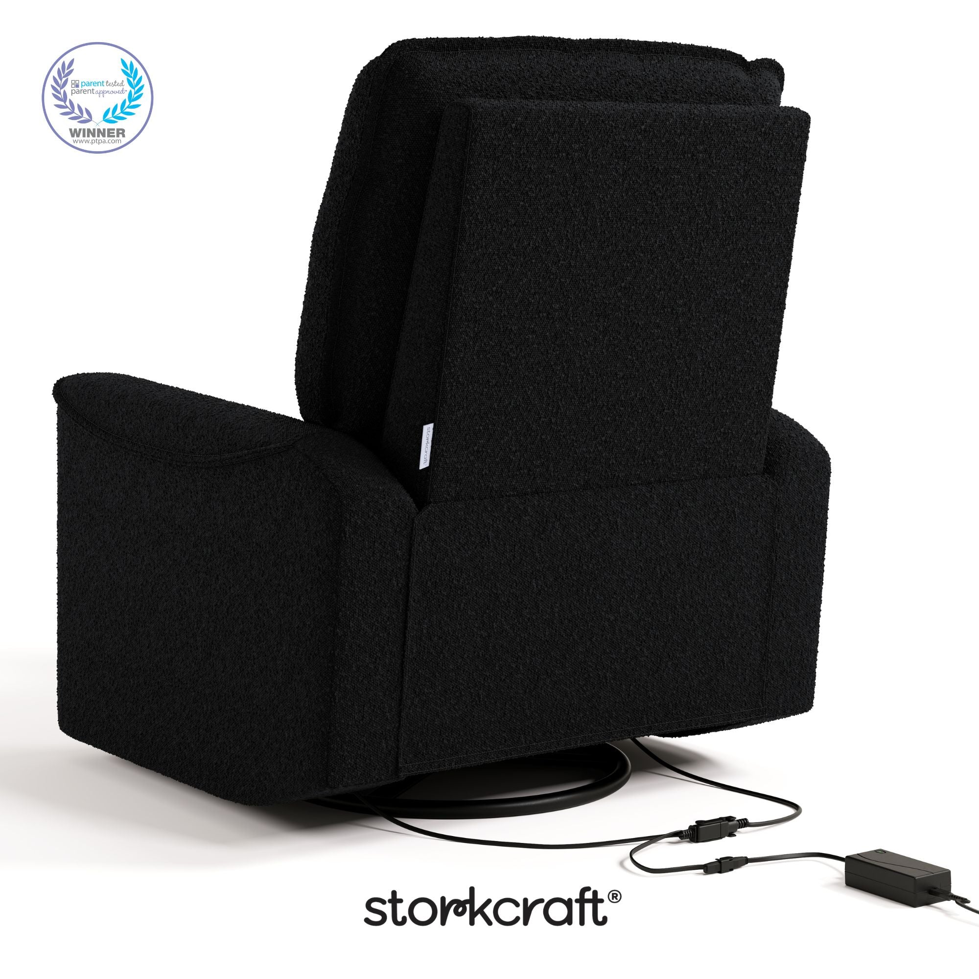 Santos black boucle power recliner with PTPA logo on top left