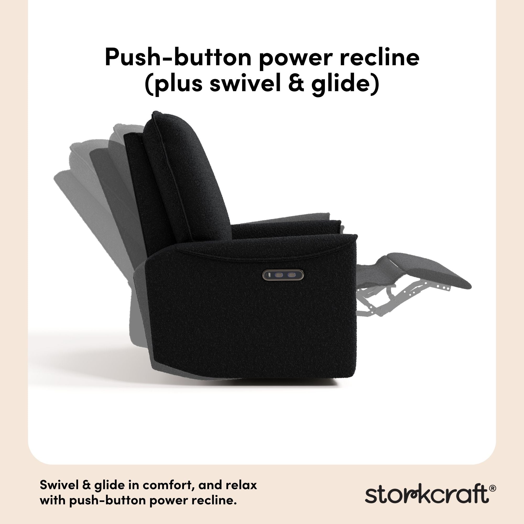 Santos black boucle power recliner push-button power recline callout