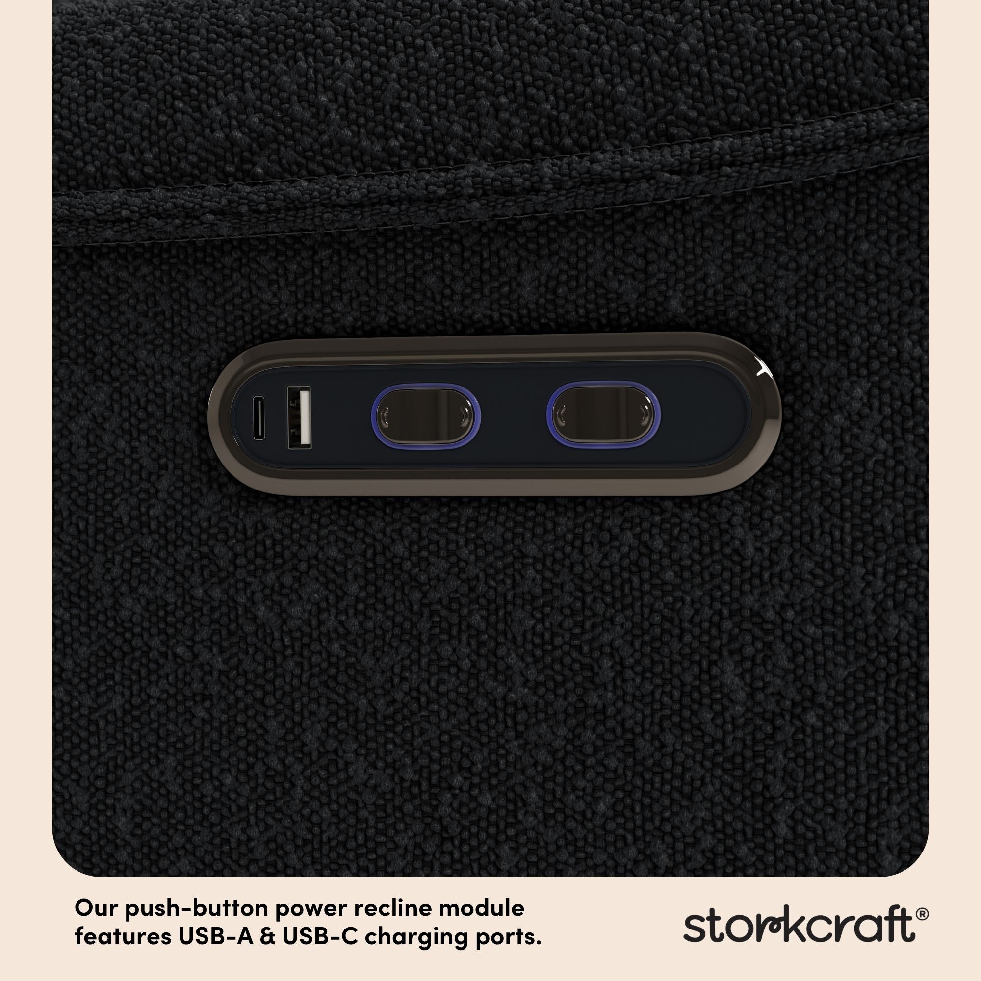 Santos black boucle power recliner dual USB ports callout