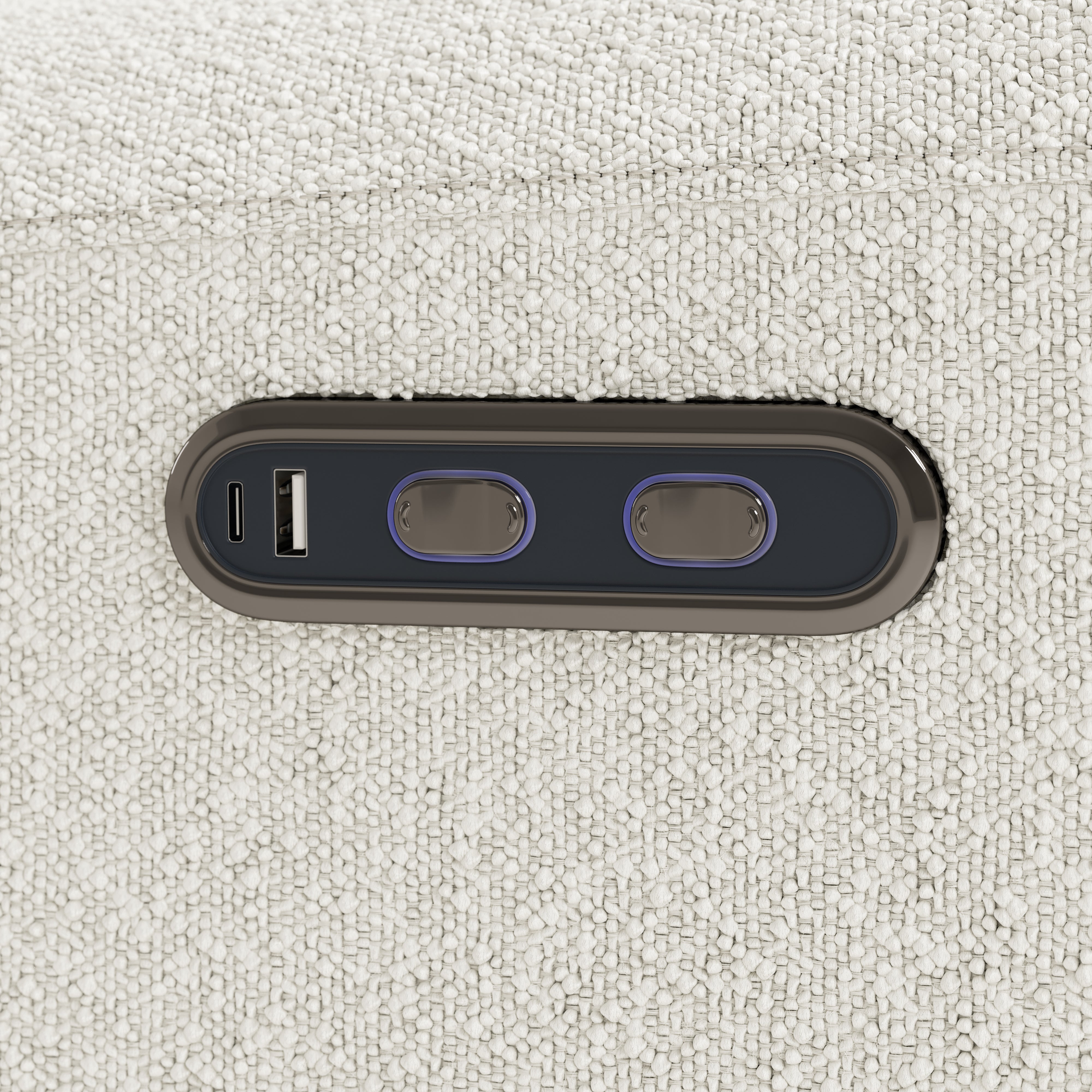 Sorrento ivory boucle power recliner close up of power buttons and usb ports