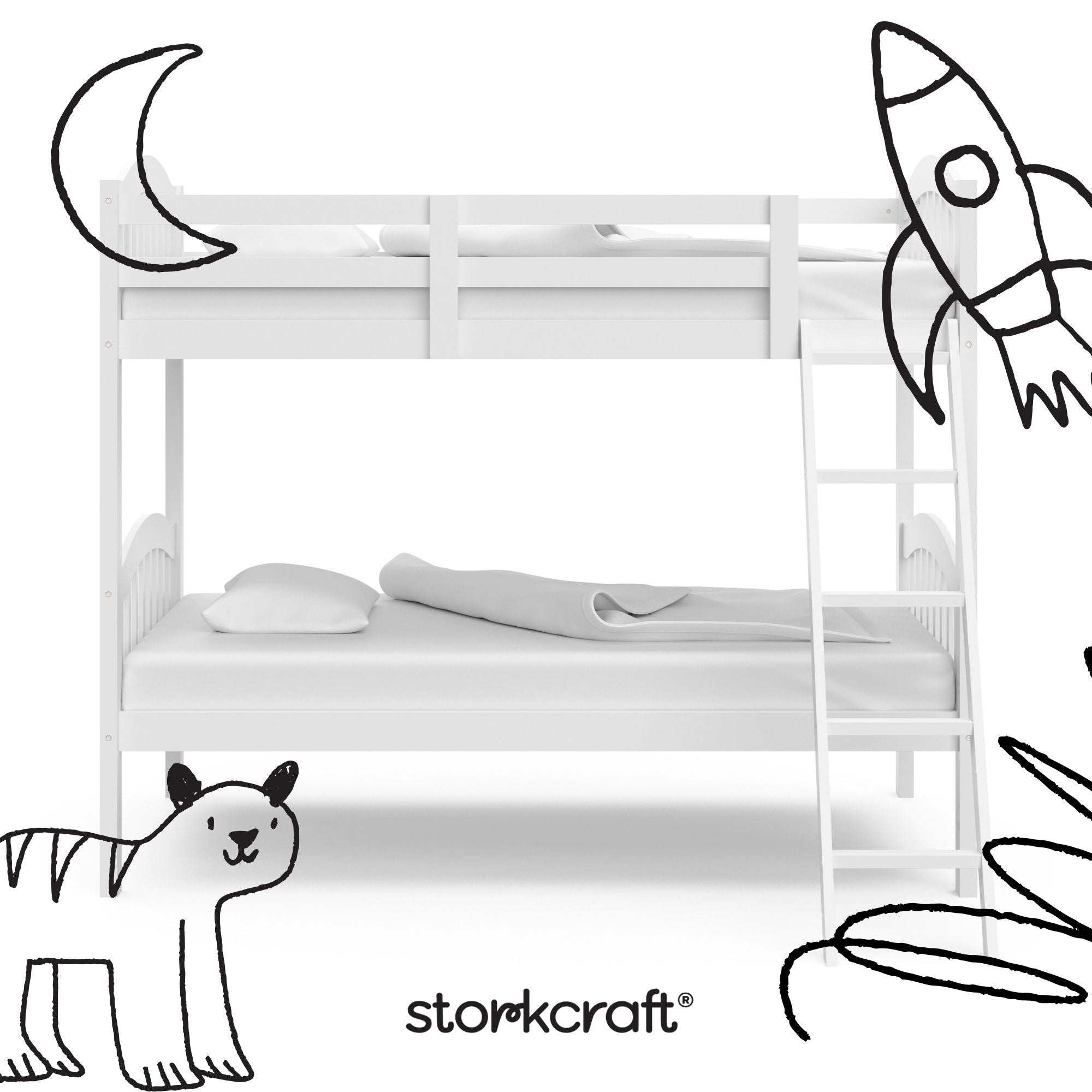 storkcraft long horn white twin over twin bunk bed with black cartoon drawings