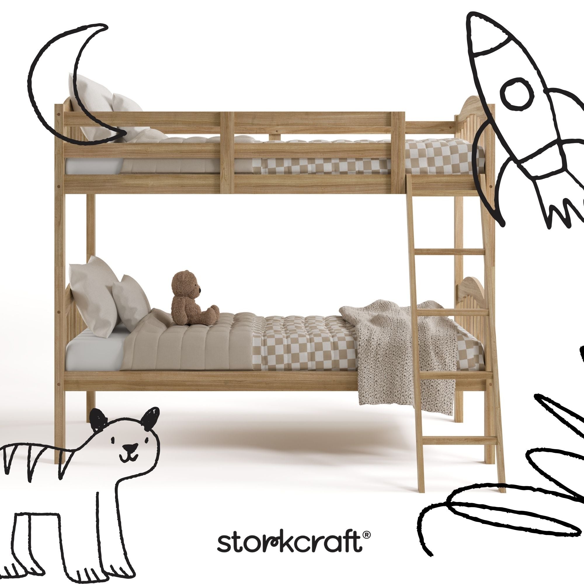 long horn natural twin over twin bunk bed with black doodles overlaid on image