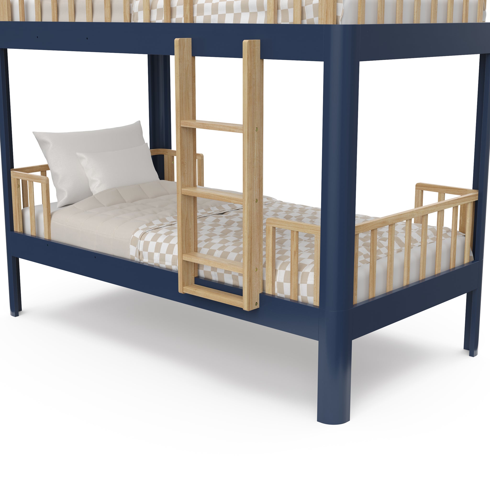 Close up view of natural wood  and blue bunk bed with bedding