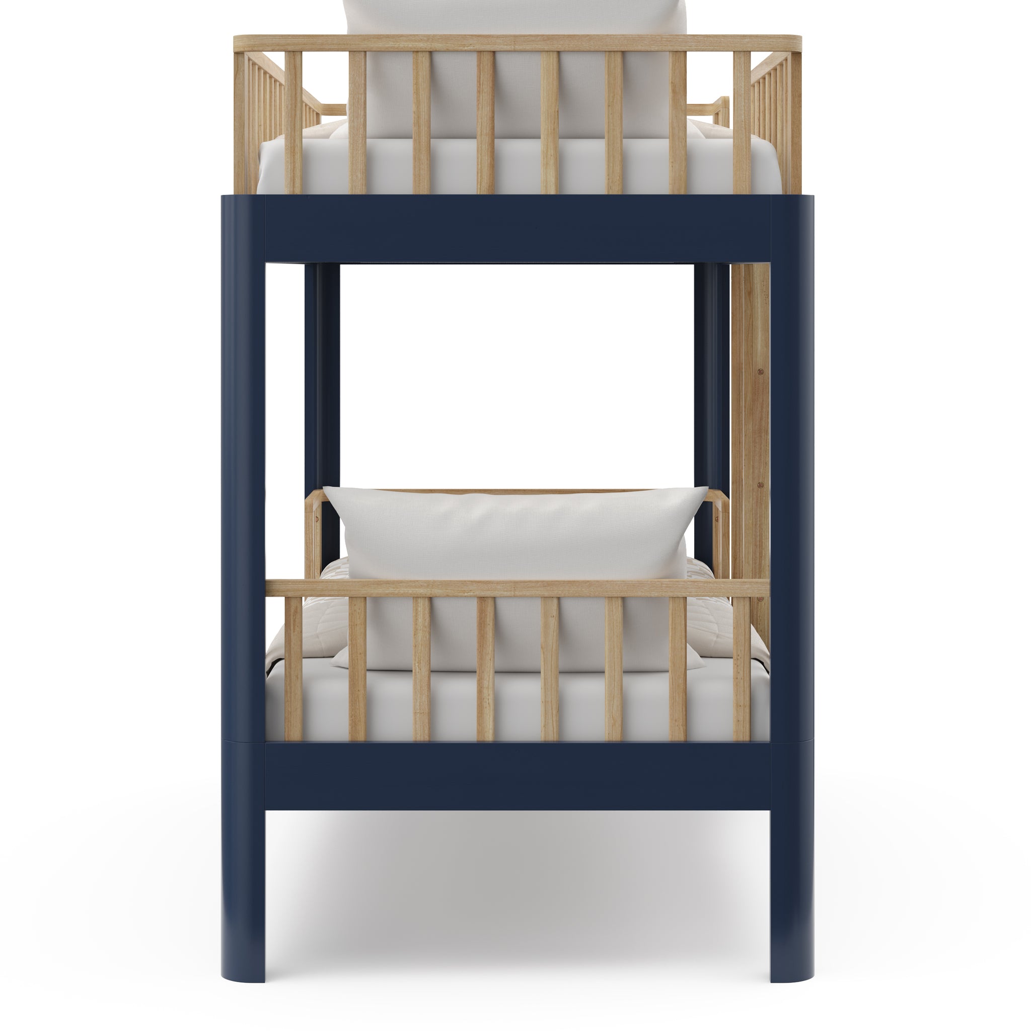 Side view of natural wood and blue bunk bed 