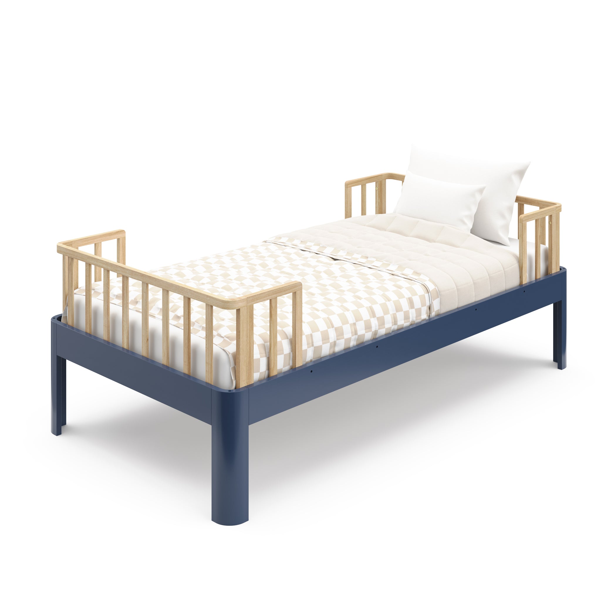 Close up view of natural wood  and blue twin bed