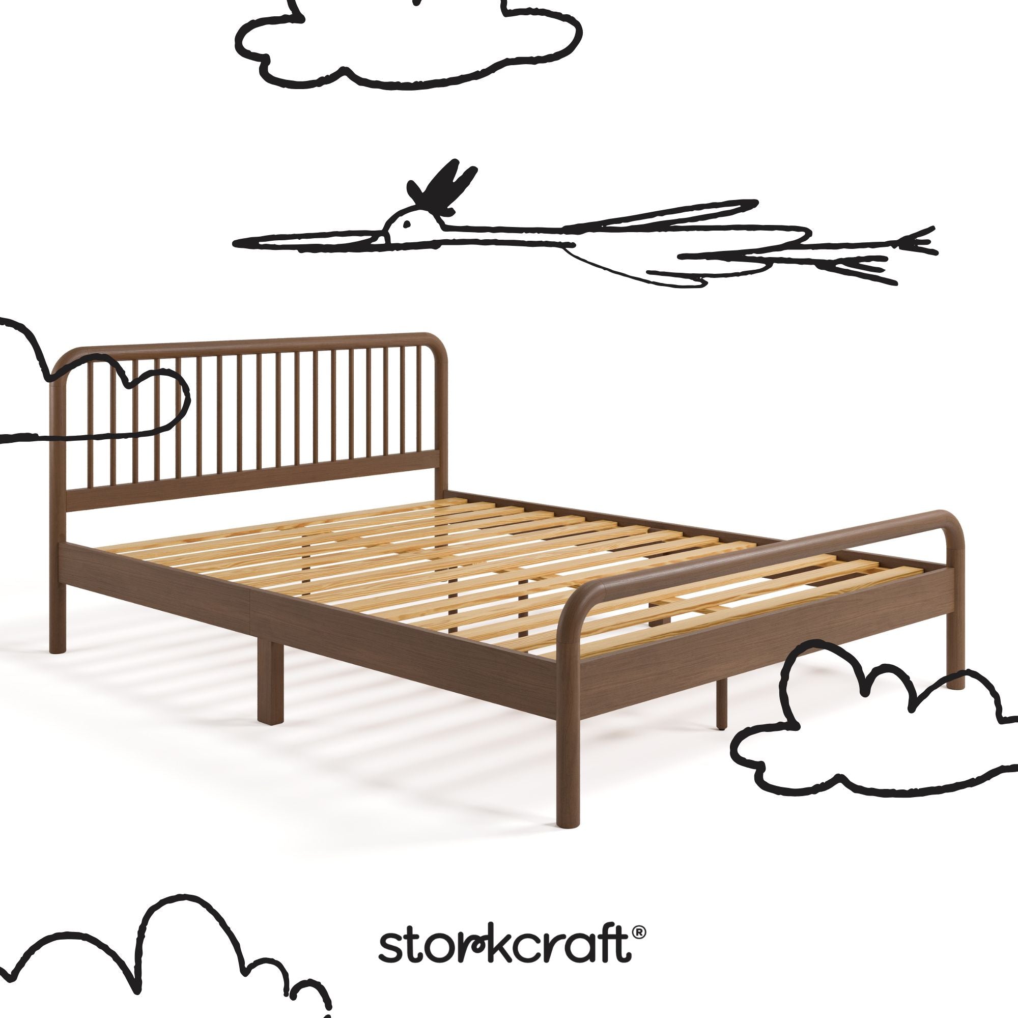 porto hazelnut queen bed without mattress and black drawings overlaid on image