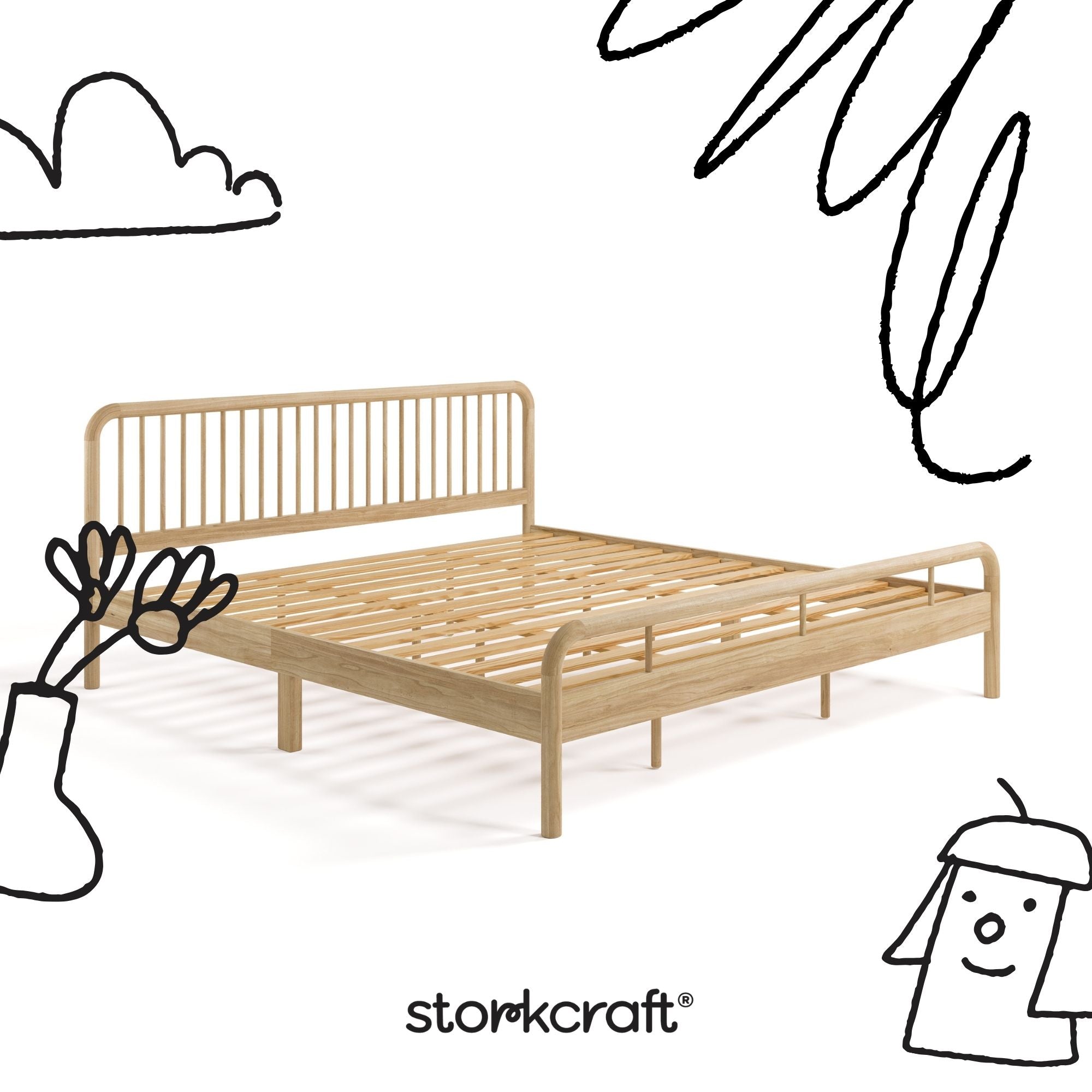 Porto natural king bed with black doodles overlaid on image