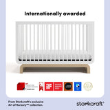 storkcraft white with driftwood crib with multiple award logos on bottom