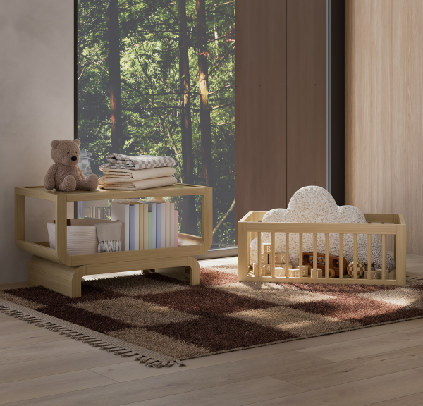 Light natural wood book case and toy box, decorated with various children's items